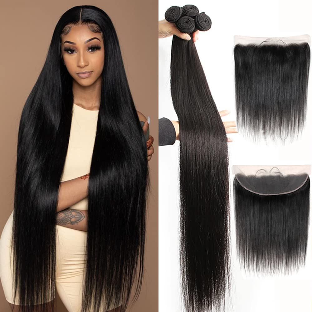 YISEA 100% Unprocessed Brazilian Virgin Human Hair Bundles with 13x4 Lace Frontal - Straight Hair Extensions (22 24 26 28+20 Frontal) - Perfect for Salon Styling, Weaving, and Natural-Looking Hairstyles