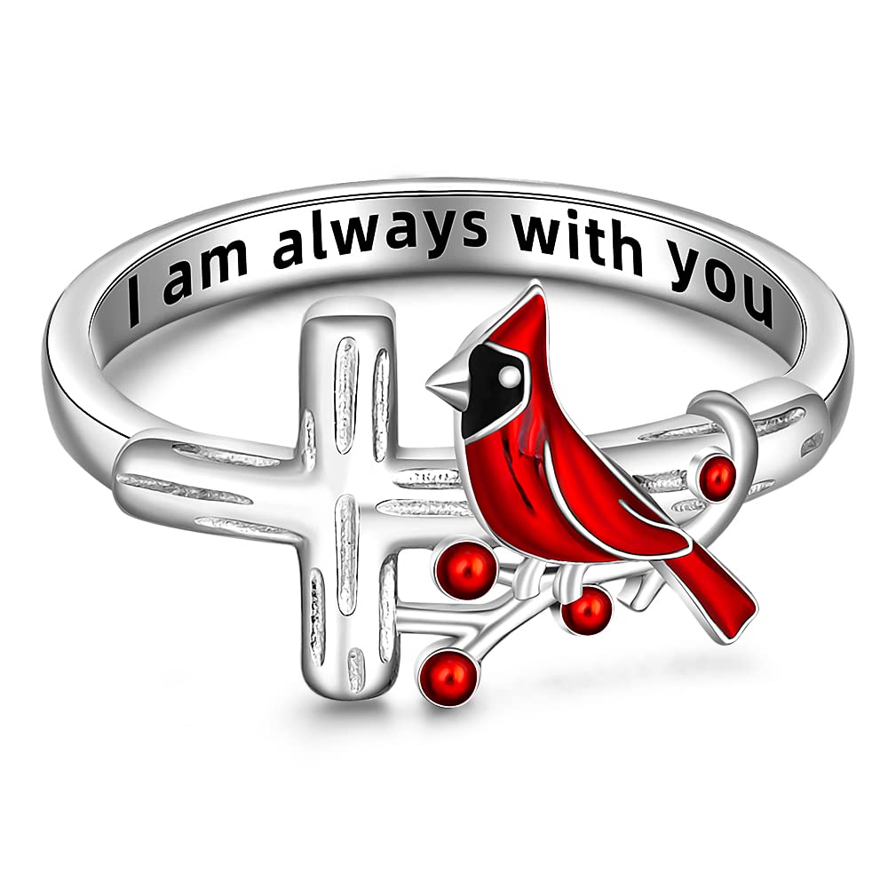 Cardinal Ring for Women - Sterling Silver Memorial Jewelry with Spiritual Cross Design (Sizes 6-10) | Angelic Symbolism Gift for Loved Ones | Perfect for Remembrance, Spiritual Connection & Everyday Wear