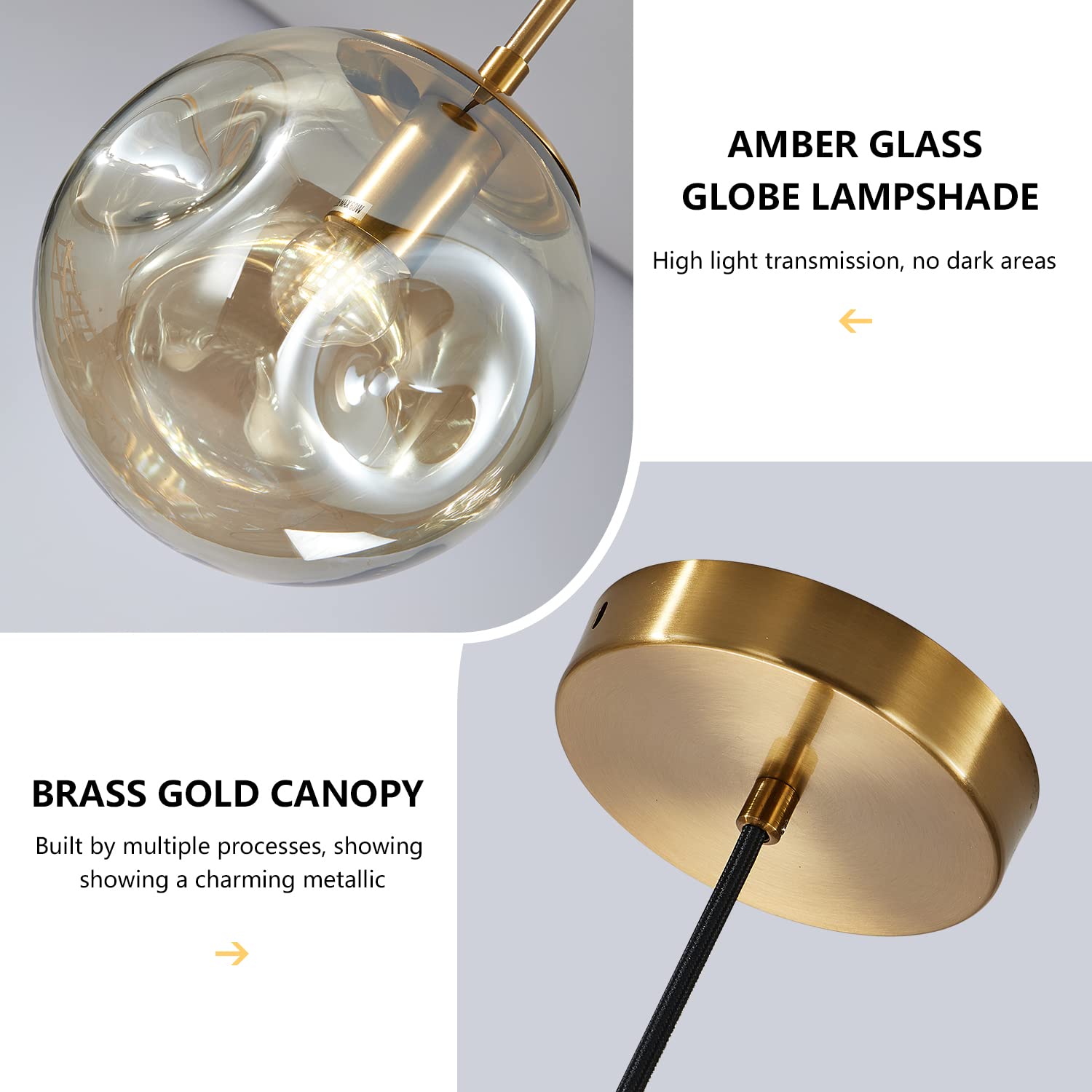 Modern Irregular Globe Pendant Light - Gold Metal & Glass Ball Chandelier with Adjustable Cord - Contemporary Ceiling Lighting Fixture (7.9