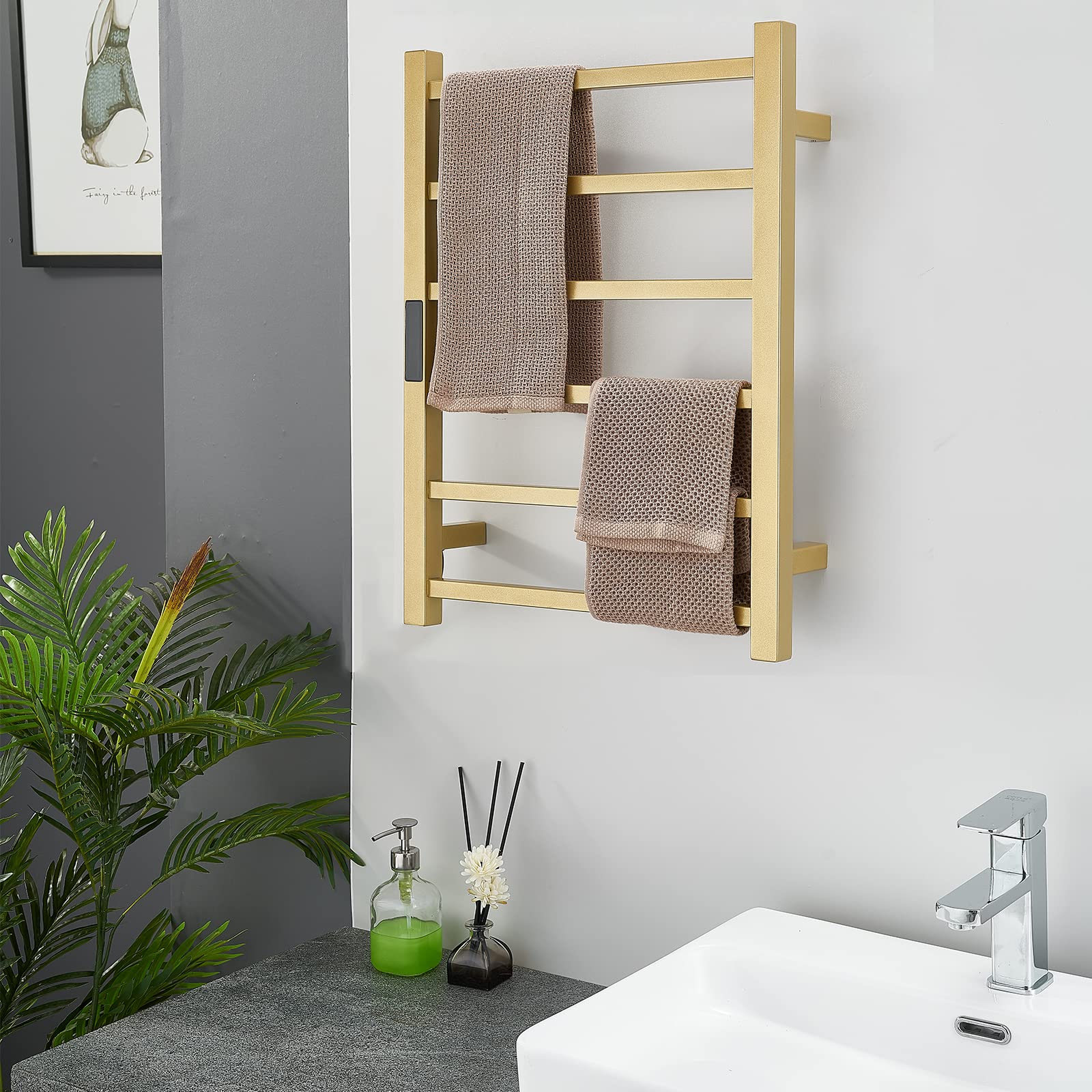 Electric Heated Towel Warmer Rack - 6 Bars Stainless Steel Wall Mounted Rail with Timer | Gold Bathroom Accessories | Hardwired Home Radiator for Spa, Luxury Hotels & Cozy Bathrooms