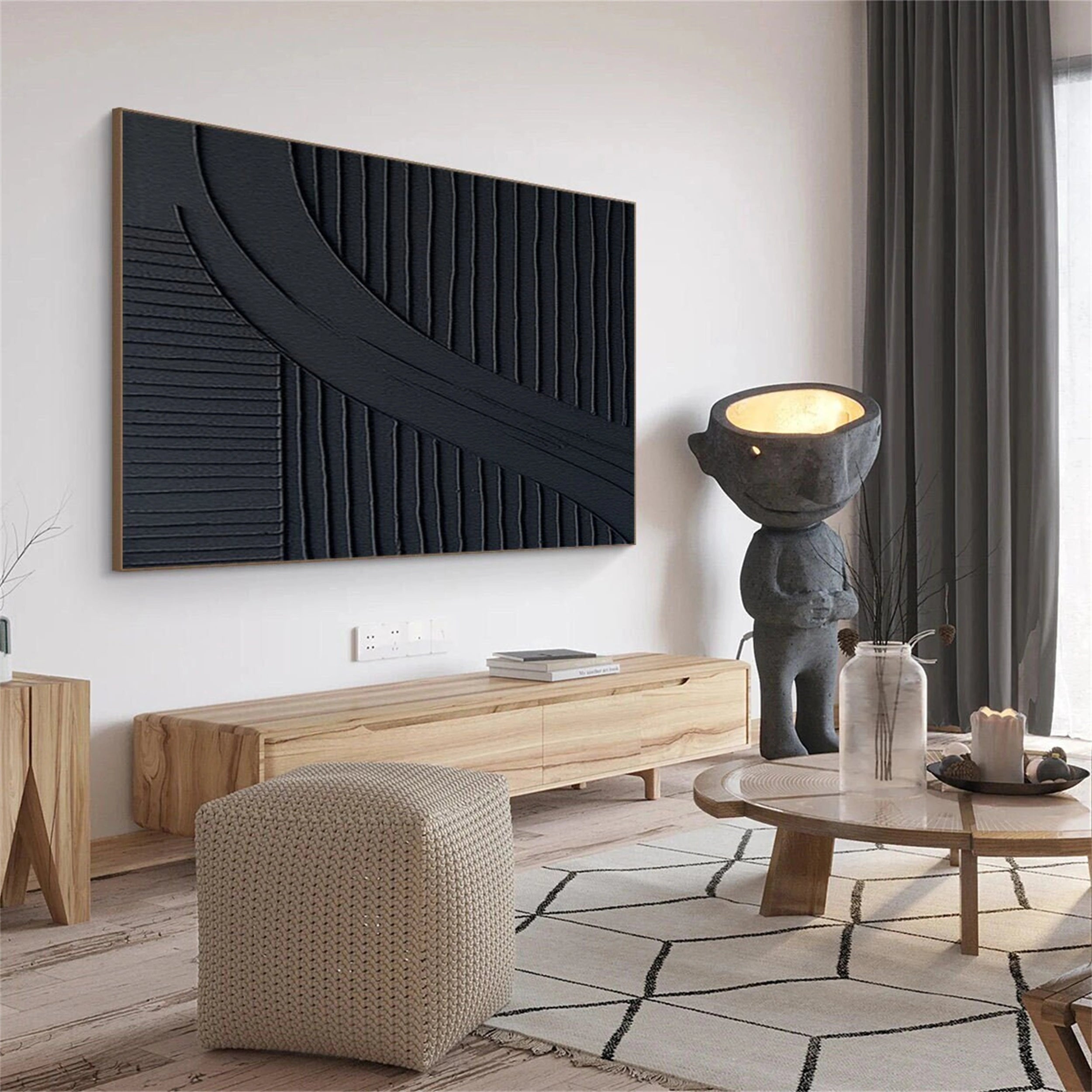 Black Plaster Art Minimalist Textured Painting - Modern Abstract Wall Decor for Living Room, Bedroom & Office - #MZ063