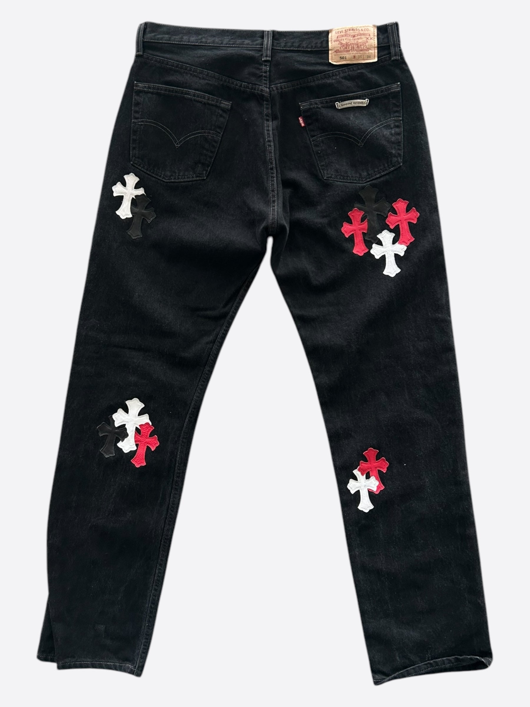 Chrome Hearts x Levi's Black White Red Cross Patch Distressed Denim Jeans for Men & Women - Stylish Vintage Streetwear for Casual Outfits & Night Out
