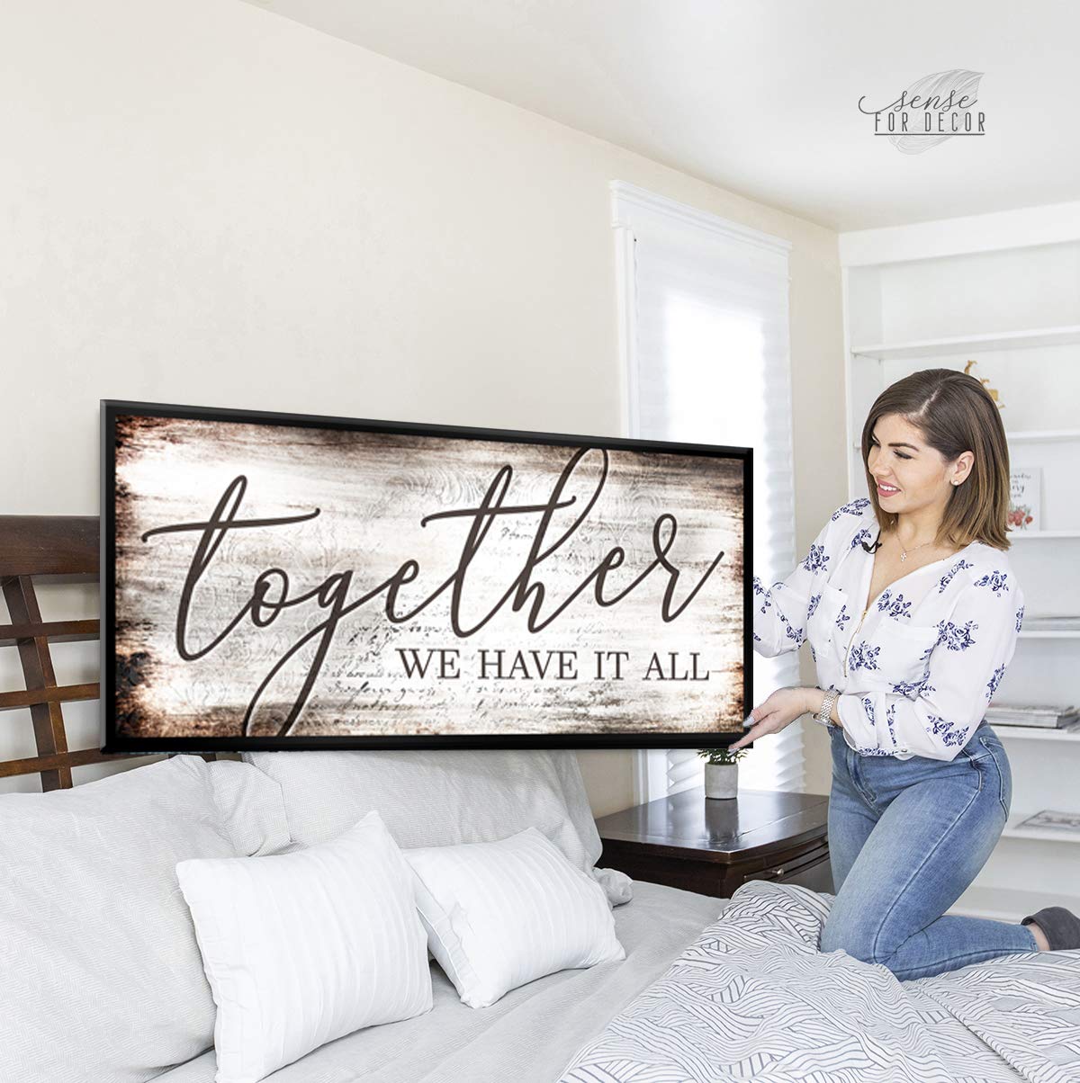 Together We Have It All Sign - Romantic Wedding & Couples Gift - Brown Wooden Wall Art with Black Floating Frame (60x27 in) - Perfect for Bedroom Decor, Anniversary Present & Home Décor
