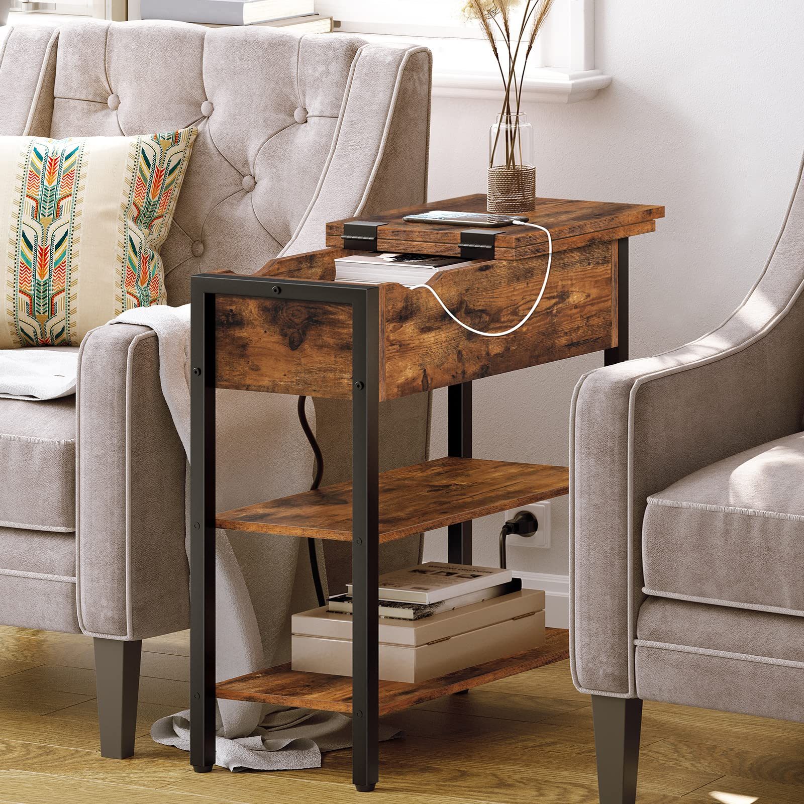 HOOBRO Set of 2 End Tables with Charging Station, Flip Top Nightstand with USB Ports & Outlets, Rustic Brown Side Tables with Shelf for Small Spaces - Perfect for Bedroom, Living Room, Office or Dorm Room Furniture
