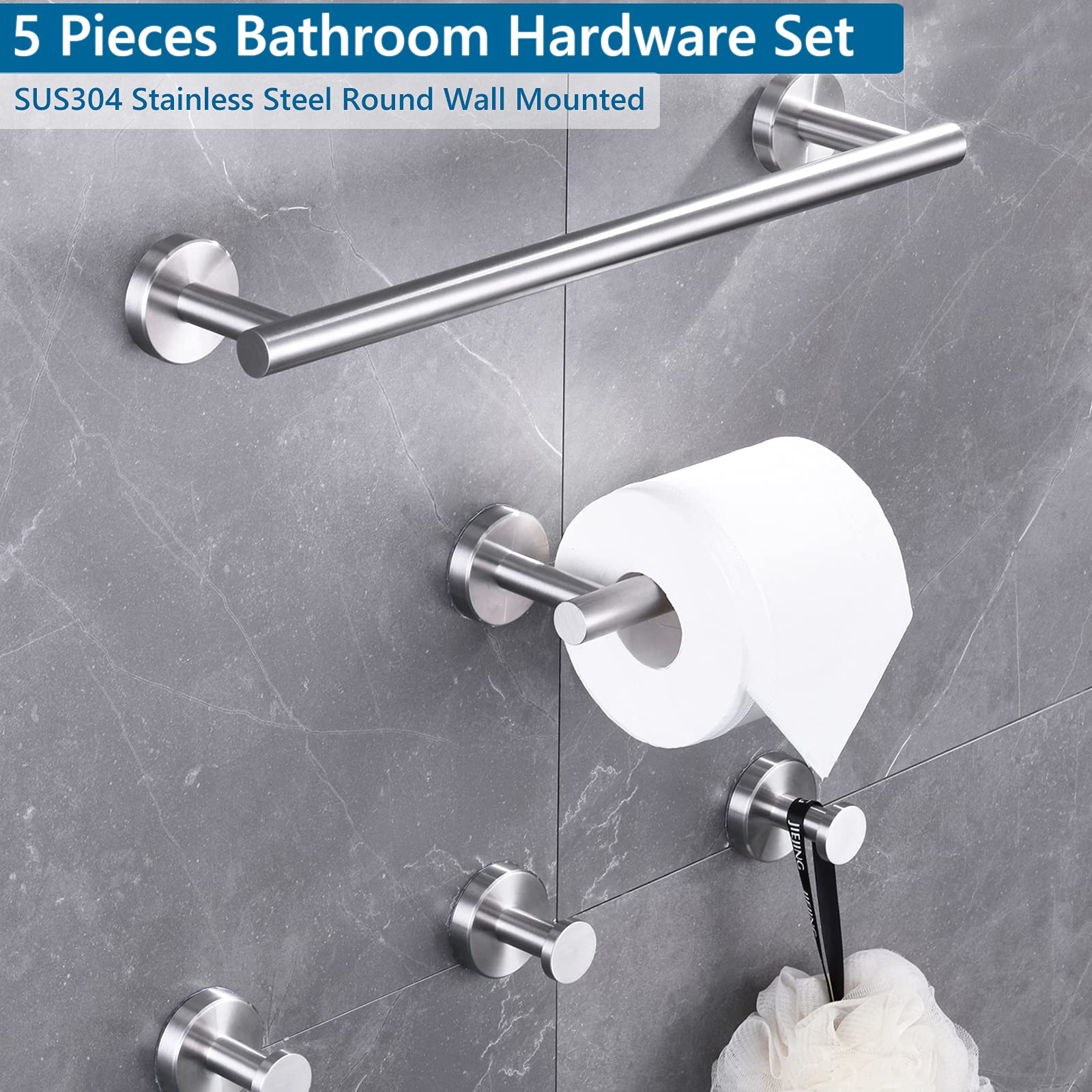 Stainless Steel Wall Mounted Bathroom Hardware Set - 5 PCS Towel Holder & Bar Set in Brushed Nickel Finish | Bathroom Accessories for Modern Home Decor | Perfect for Spa-Style Bathrooms, Guest Baths & Luxury Hotel Style Decor