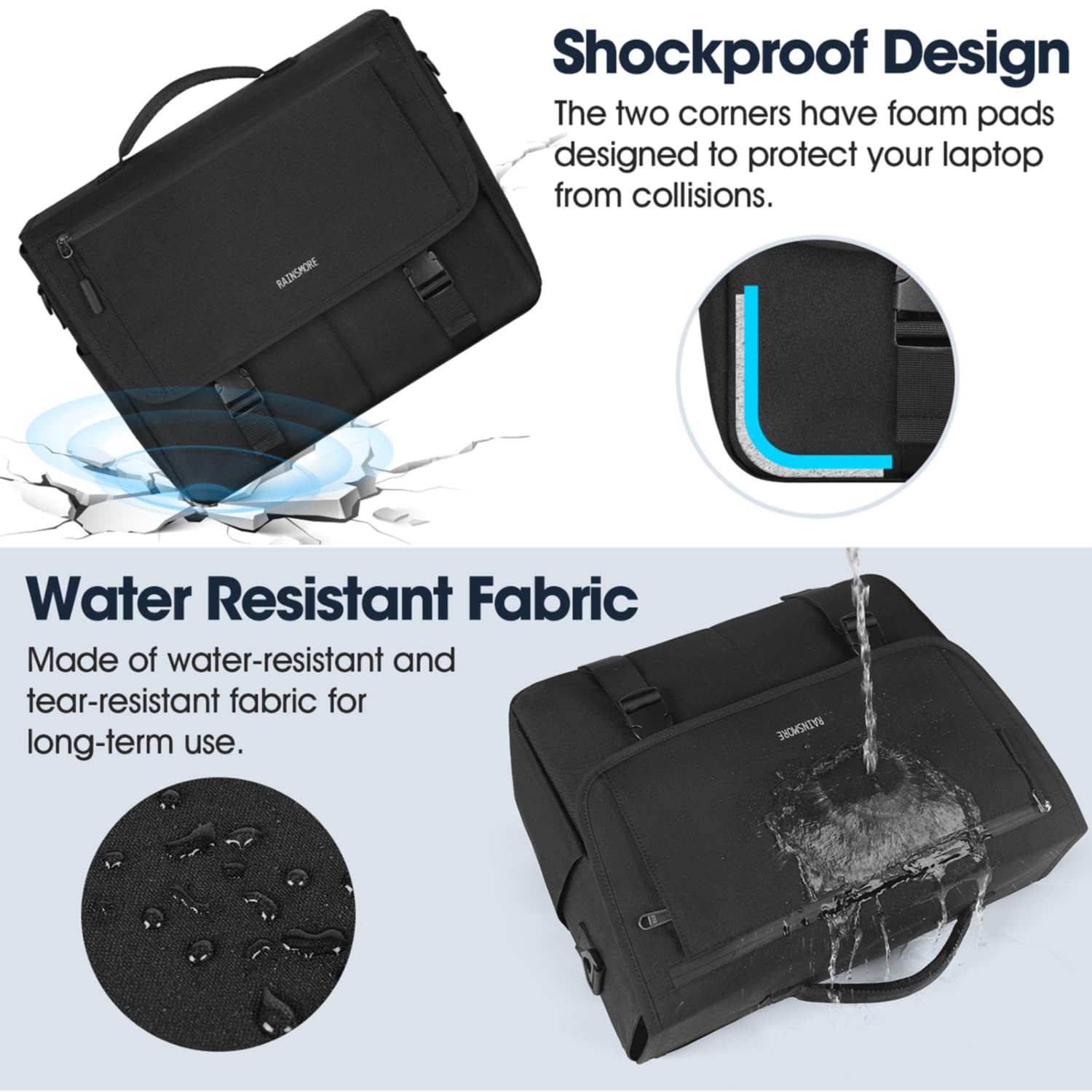 RAINSMORE Water Resistant Messenger Bag for Men - 15.6 Inch Laptop Bag, Durable College & Office Satchel, Casual Crossbody Shoulder Bag for Work, Travel & Daily Commute - Black