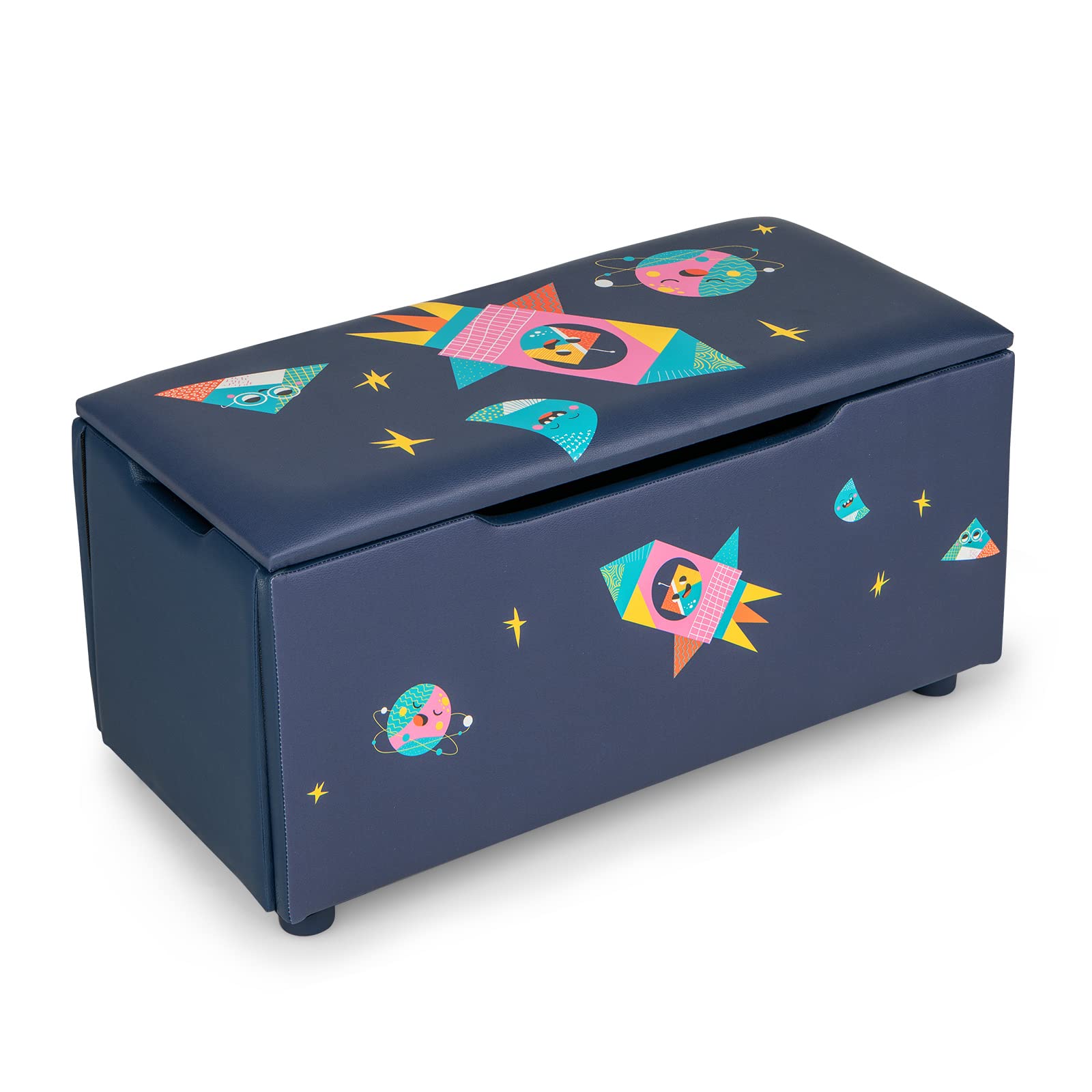 HONEY JOY Kids Wooden Toy Storage Box - 2-in-1 Large Toy Chest with Padded Seat, Carry Handles & Faux Leather Cover - Nursery, Bedroom, Playroom Organizer - Perfect for Toy Storage and Extra Seating in Kids Rooms (Astronaut Design)