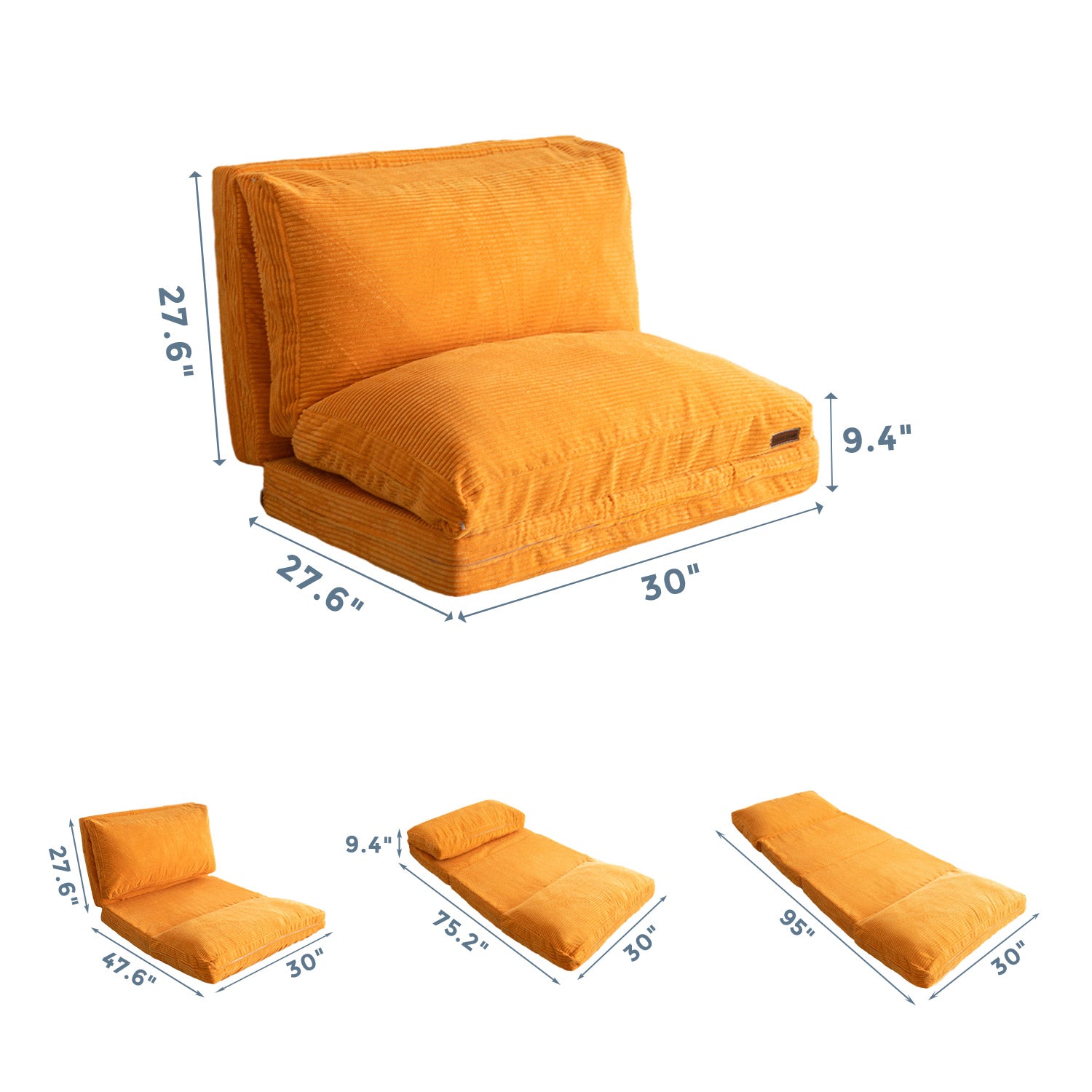 MAXYOYO Bean Bag Sofa Bed - Foldable Corduroy Floor Sofa with Washable Cover in Orange | Perfect for Living Room, Bedroom, Dorm & Game Room Relaxation