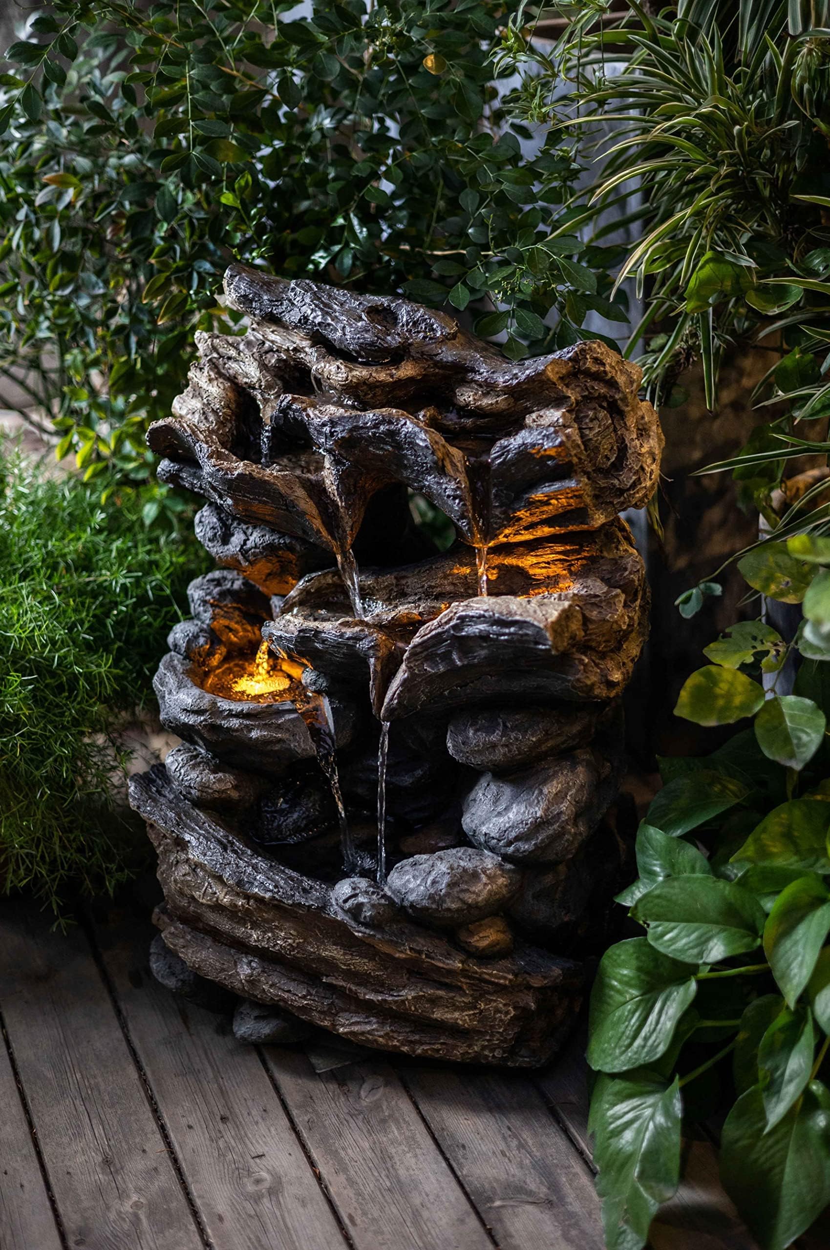 23 Inch Tall Stump Outdoor Freestanding Rock Waterfall Fountain with LED Lights & Pump - Perfect for Garden, Patio, and Backyard Decor