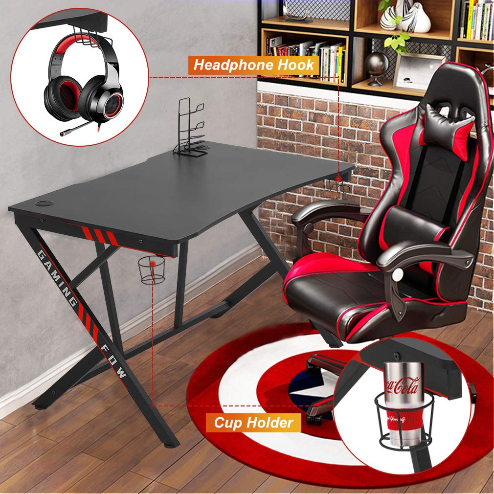 Best Gaming Computer Desk - Extra Large Modern Ergonomic Home Office Desk with Cup Holder & Headphone Hook | Super Sturdy Carbon Fiber PC Writing Table | Easy to Assemble Large Gaming Desktop | Perfect for Gamers, Streamers & Remote Workers