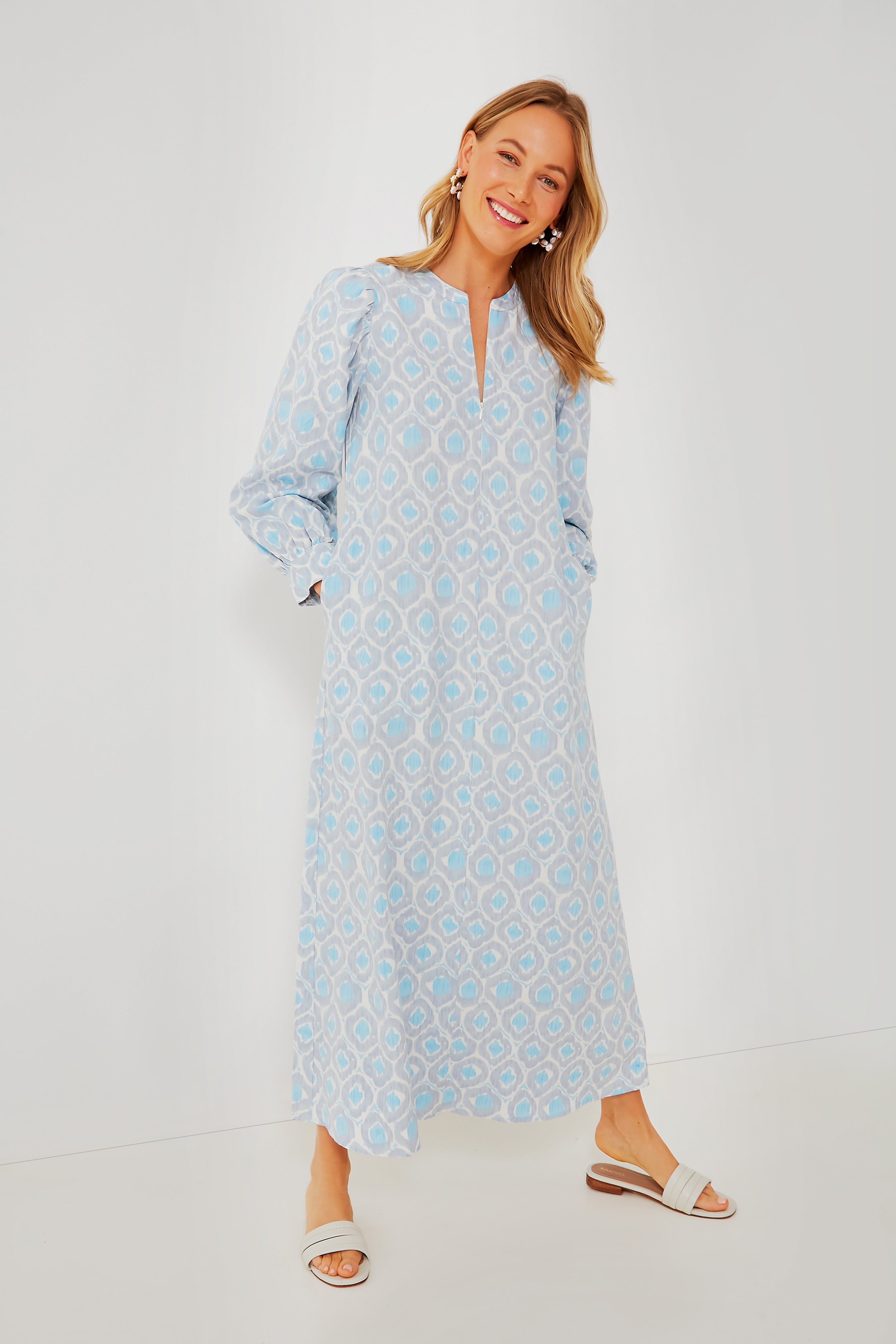 Blue Ikat Print Zipper Zadie Maxi Dress for Women - Boho Chic Floral Long Dress with Side Pockets for Beach Vacation, Summer Parties & Casual Outings