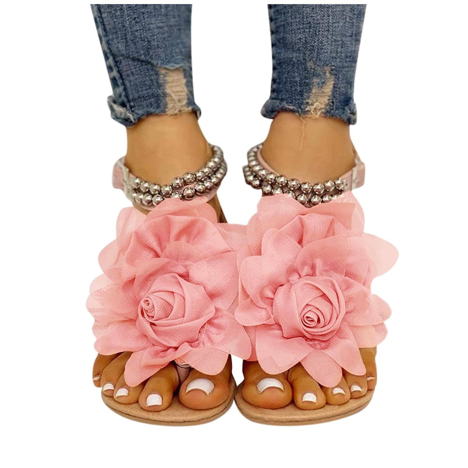 Women's Floral Lace Flat Sandals - Open Toe Boho Roman Sandals for Summer, Beach & Casual Wear - Comfortable Dressy Sandals for Outdoor, Vacation & Daily Use