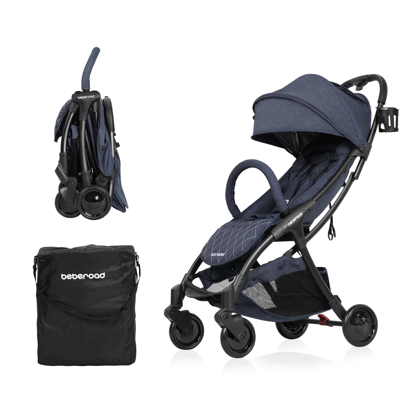 Beberoad Love R2 Compact Lightweight Travel Stroller for Toddlers - Foldable Baby Stroller with Adjustable Backrest, Cup Holder & Waterproof Canopy - Airplane Approved, Perfect for Travel, Shopping & Daily Use (Denim Blue)