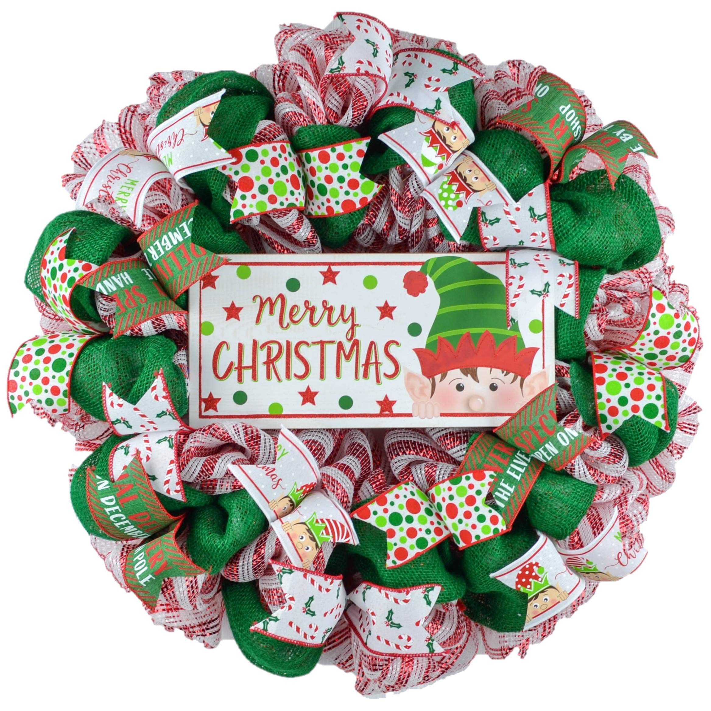 Peeking Elf Christmas Wreath - Festive Mesh Door Hanging Decor for Holidays - Red, White & Emerald Green Holiday Decoration - Perfect for Front Door, Fireplace Mantel & Christmas Party Decor