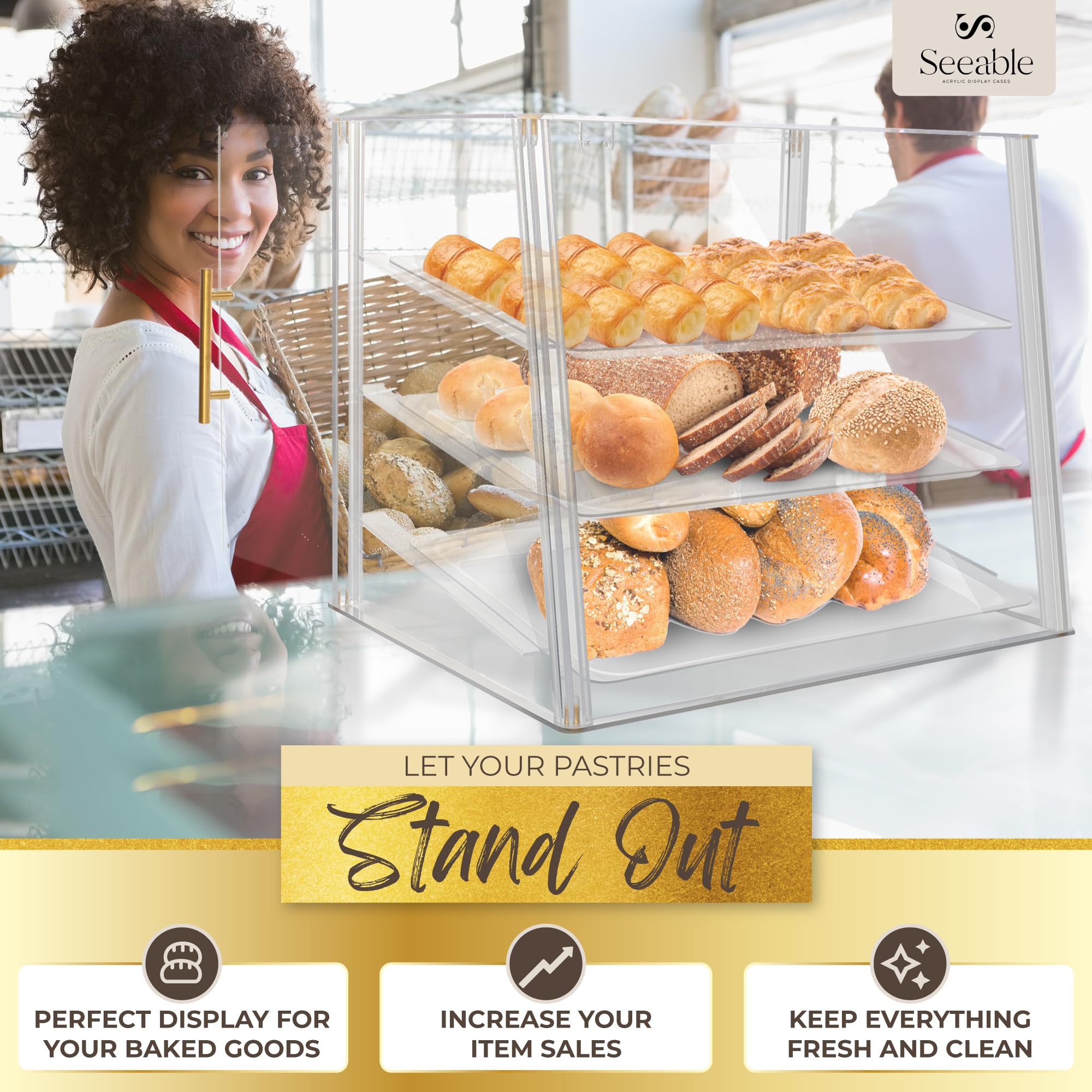 3-Tier Acrylic Bakery Display Case with Magnetic Doors, Removable Trays & Gold Trim - Countertop Pastry Showcase for Desserts, Cookies, Bread & Baked Goods (21