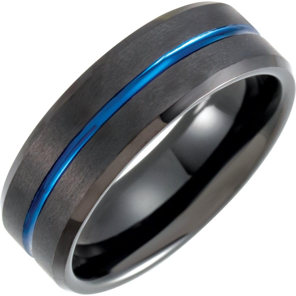 Sonia Jewels 8mm Black and Blue PVD Coated Grooved Wedding Band Ring for Men & Women - Perfect for Anniversaries, Engagements, and Everyday Wear
