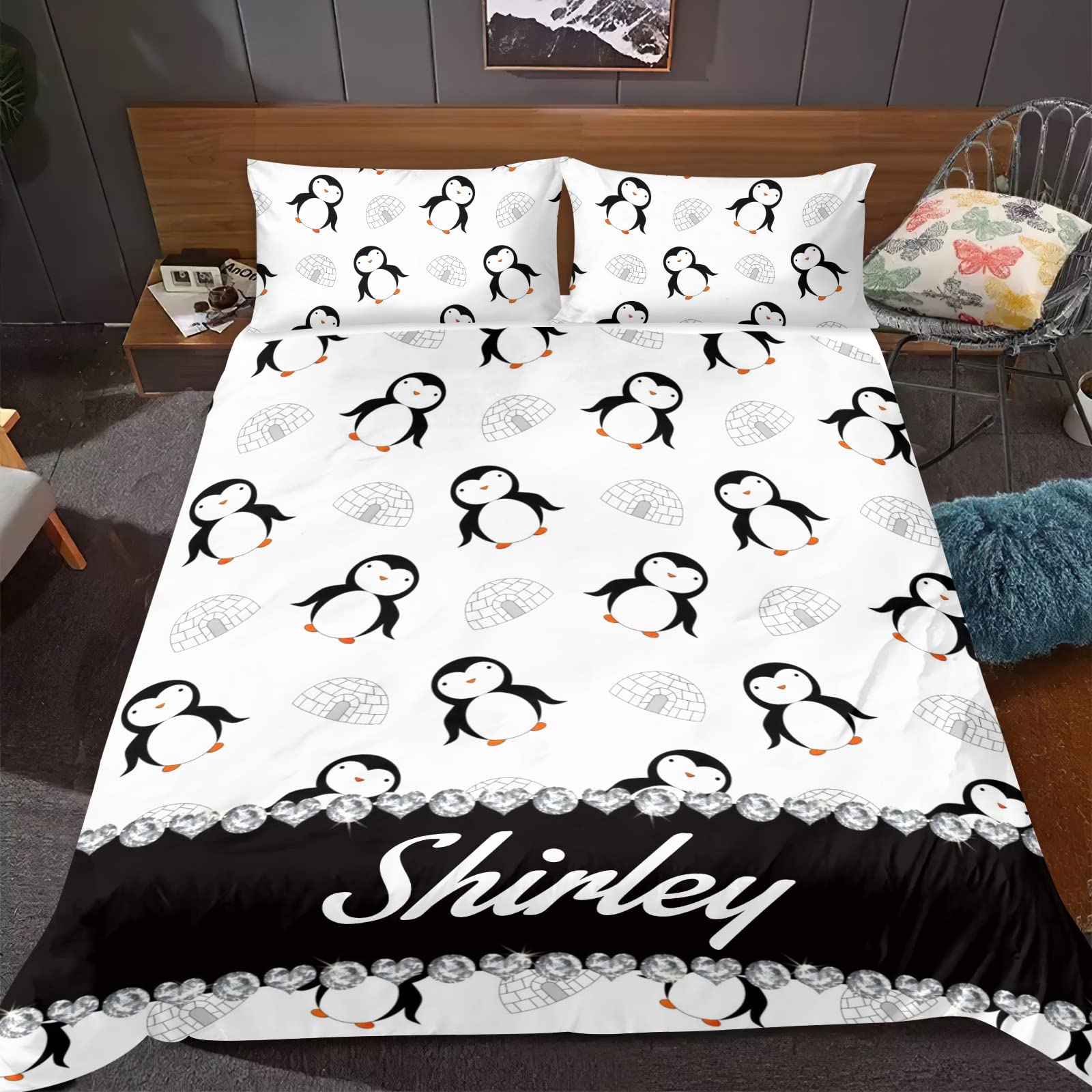 Personalized Cute Penguin Bedding Set - King Size Duvet Cover with 2 Pillowcases & Sherpa Fleece Quilt Cover - Custom Name Embroidery - Perfect Gift for Kids, Teens & Adults - Cozy Winter Bedroom Decor