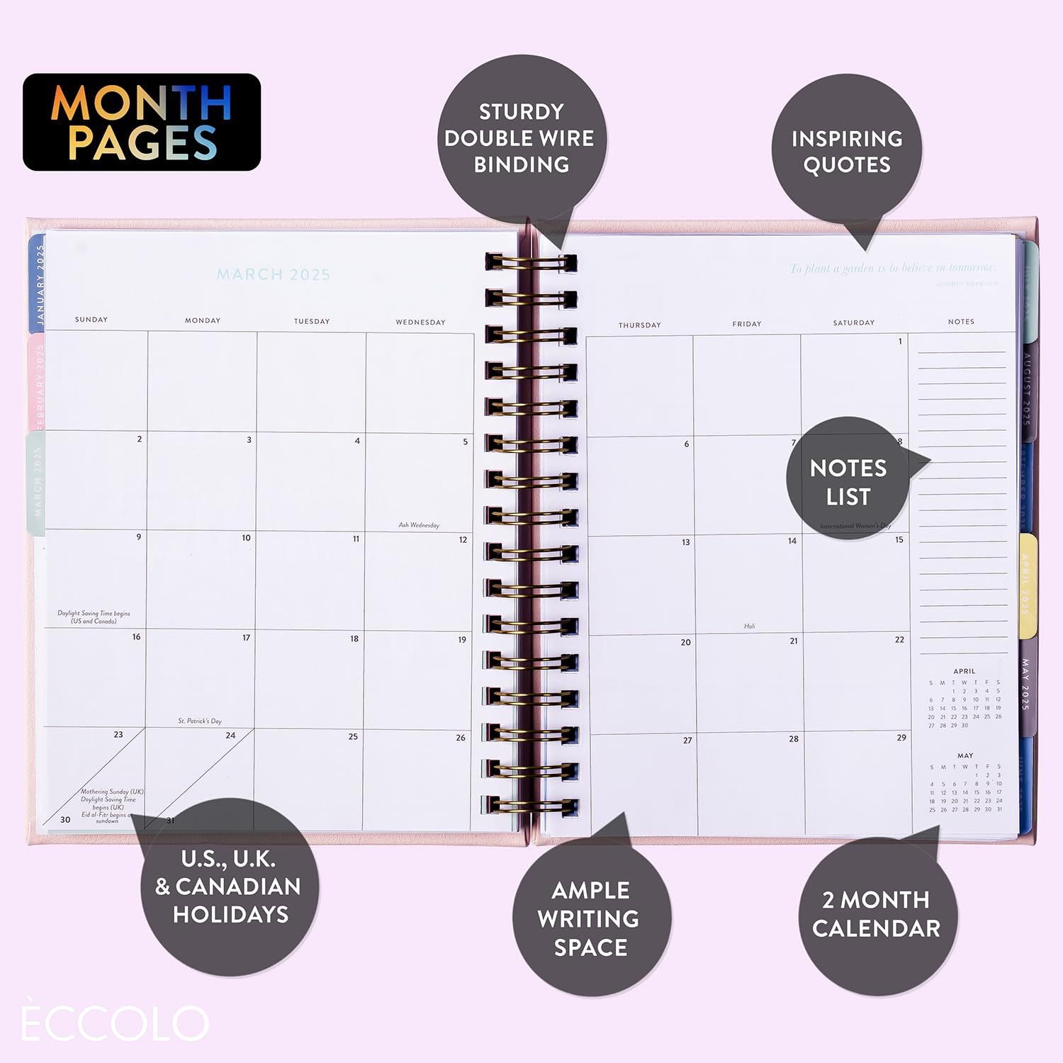 Eccolo 2025 Spiral Planner - Weekly & Monthly Agenda with Inspirational Quotes, Sticker Sheets, Hardcover (7.75