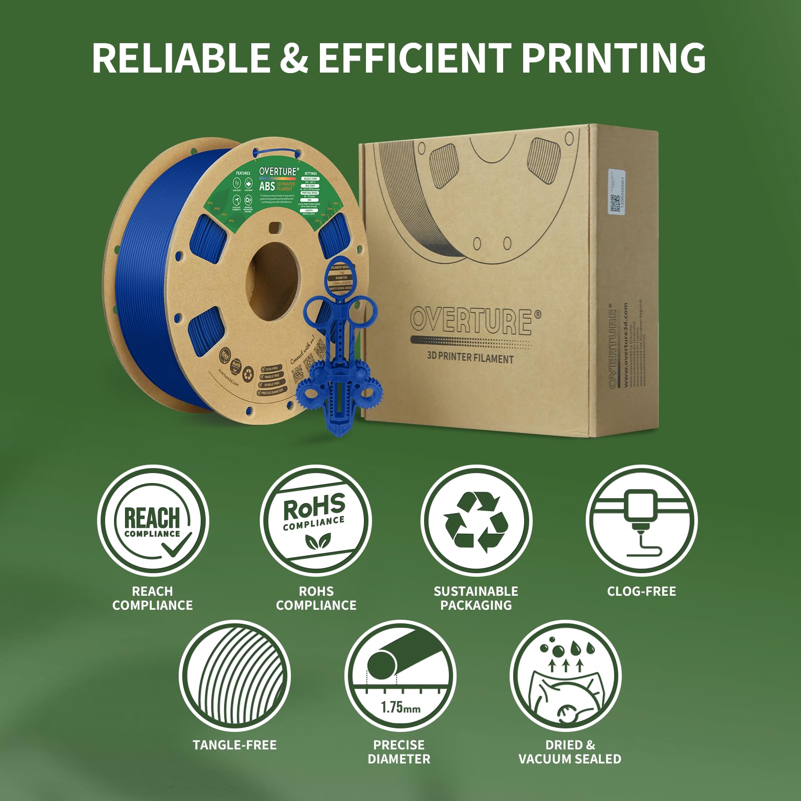 Overture ABS Filament 1.75mm 1kg (2.2lbs) - High Precision 3D Printer Filament with +/- 0.02mm Dimensional Accuracy - Compatible with Most FDM Printers (Blue) - Perfect for DIY Projects, Prototyping & Home 3D Printing