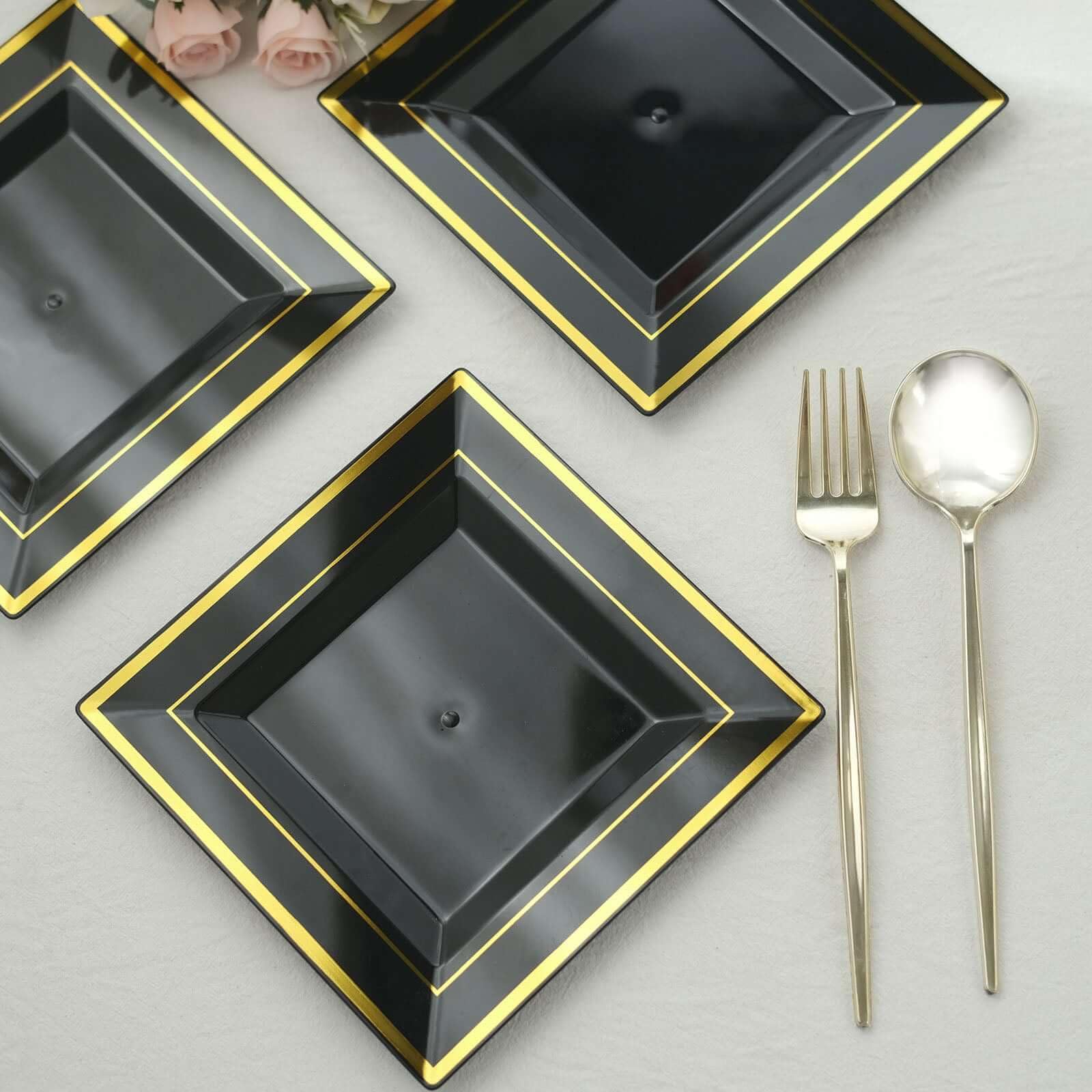 Efavormart 7 Inch Gold Trim Black Square Plastic Plates - 10 Pack for Salad, Dessert, Party, Wedding & Catering Events