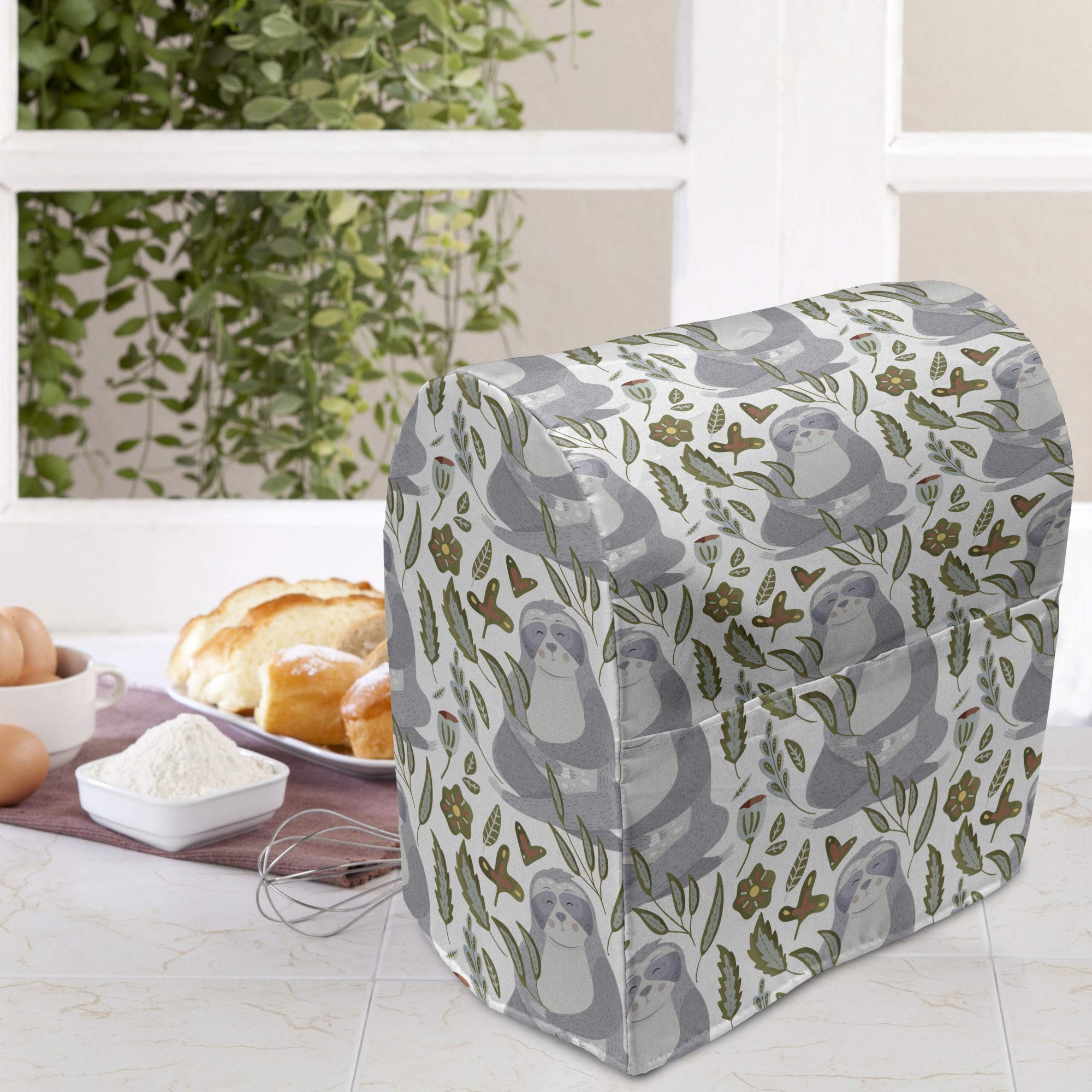 Ambesonne Sloth Stand Mixer Cover - Watercolor Lazy Animal & Autumn Botany Design, Kitchen Appliance Organizer with Pocket (Fits 6-8 Quart Mixers, White & Multicolor) - Perfect for Baking, Cooking & Kitchen Organization