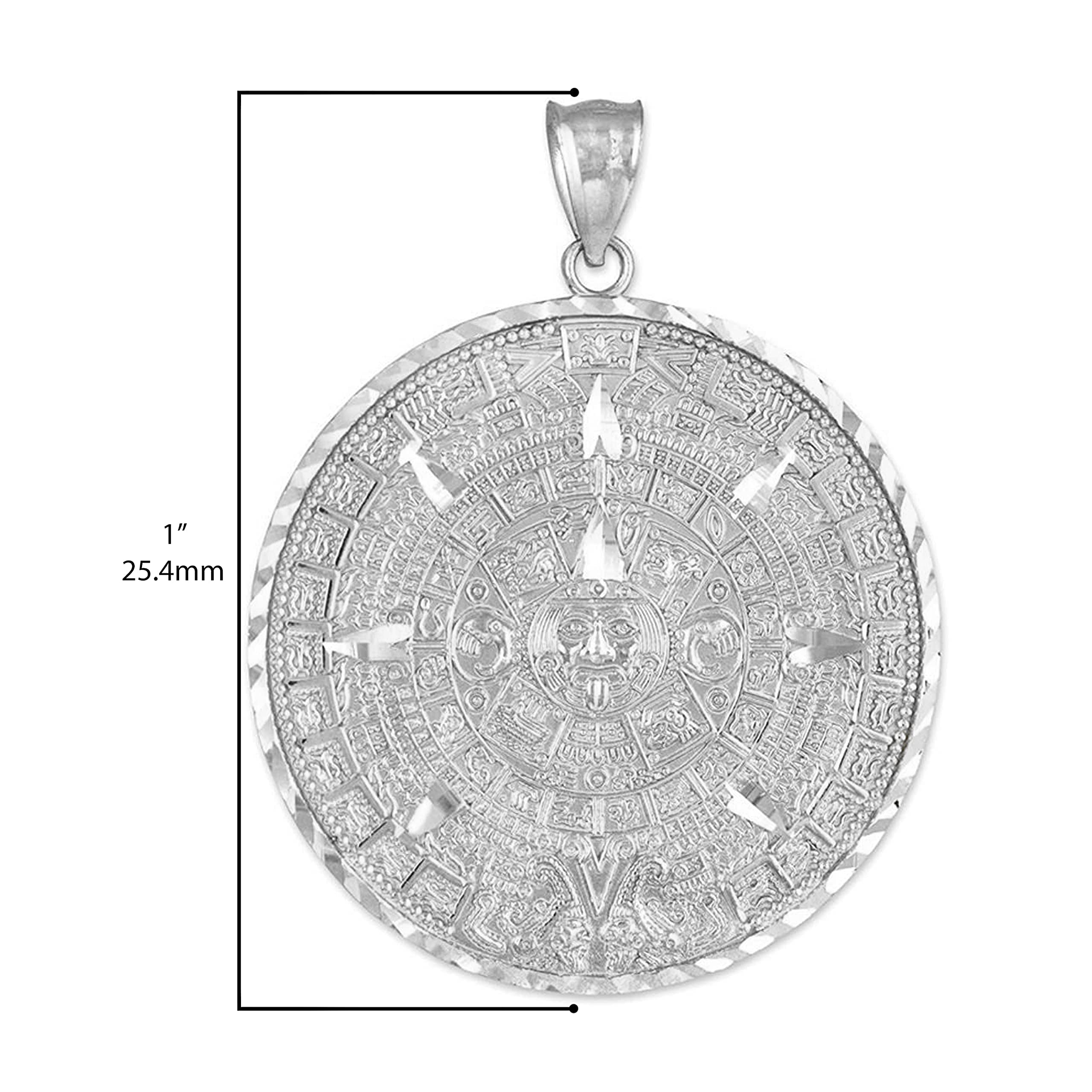 10K White Gold Aztec Mayan Calendar Charm Pendant Necklace with Rolo Chain - Adjustable 16-24 Inch Length - Perfect for Gifts, Cultural Events & Spiritual Jewelry Lovers