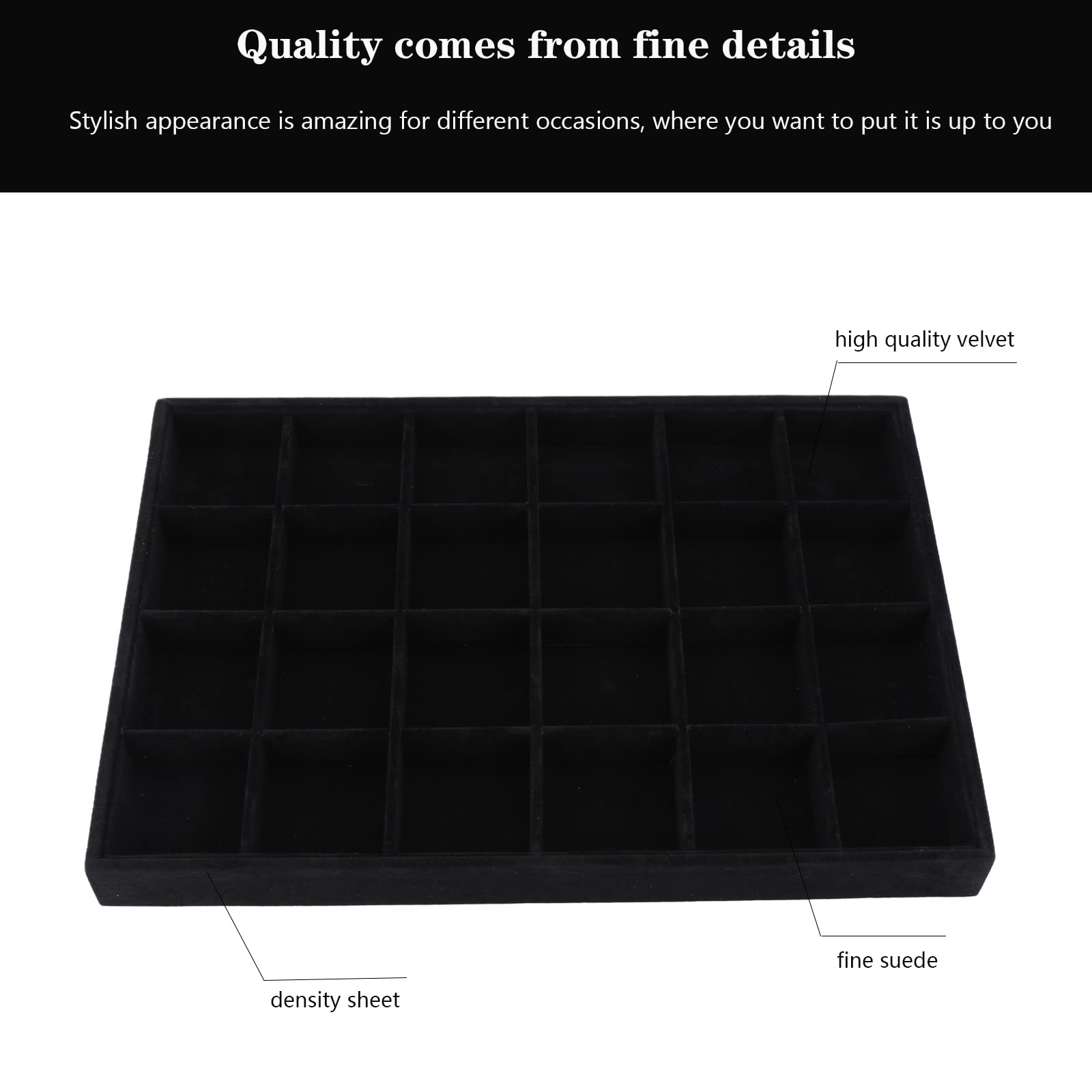 Velvet Jewelry Organizer Tray for Dresser Drawers - Large Stackable Jewelry Storage Box with 24 Grids, Black - Perfect for Necklace, Ring & Earring Organization in Bedroom Vanity or Closet