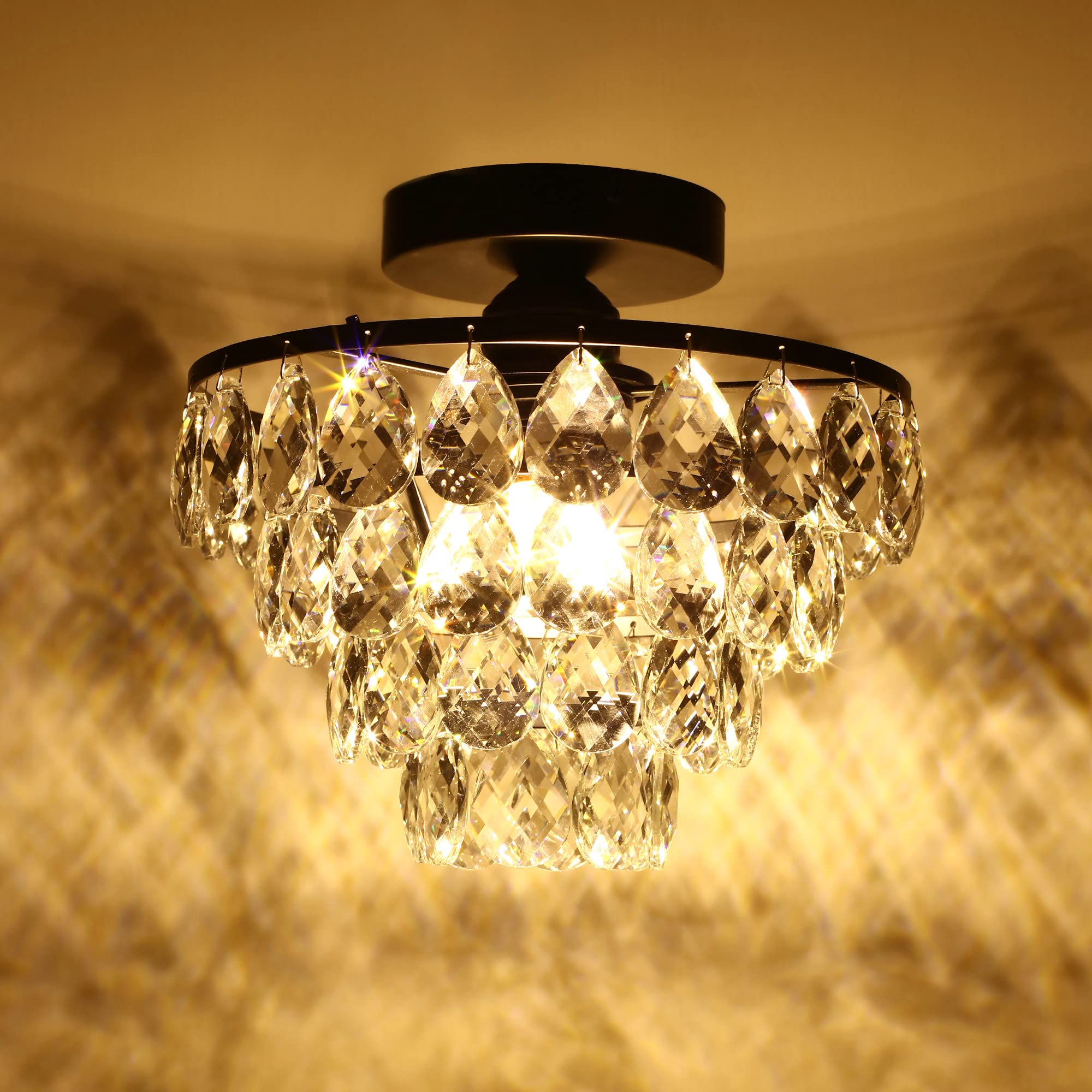 Luupyia Mini Crystal Chandelier Ceiling Light - Modern Small Black Semi Flush Mount Chandelier for Bedroom, Living Room, Hallway | Elegant Lighting Fixture for Home Decor & Interior Design