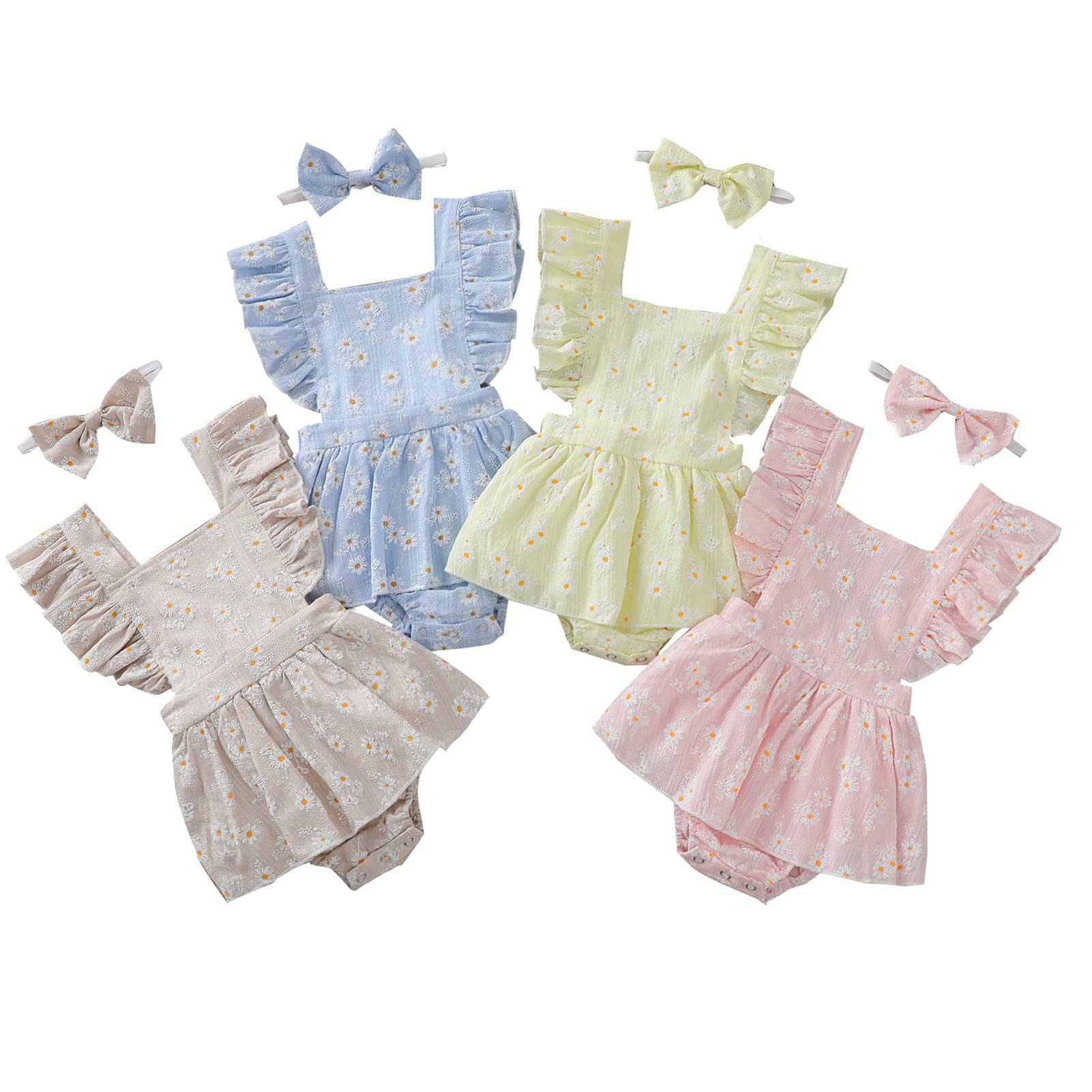 Newborn Baby Girl Clothes - Daisy Print Romper Dress with Flutter Sleeves | One-Piece Jumpsuit & Headband Set | Perfect for Summer Outfits, Photoshoots & Special Occasions