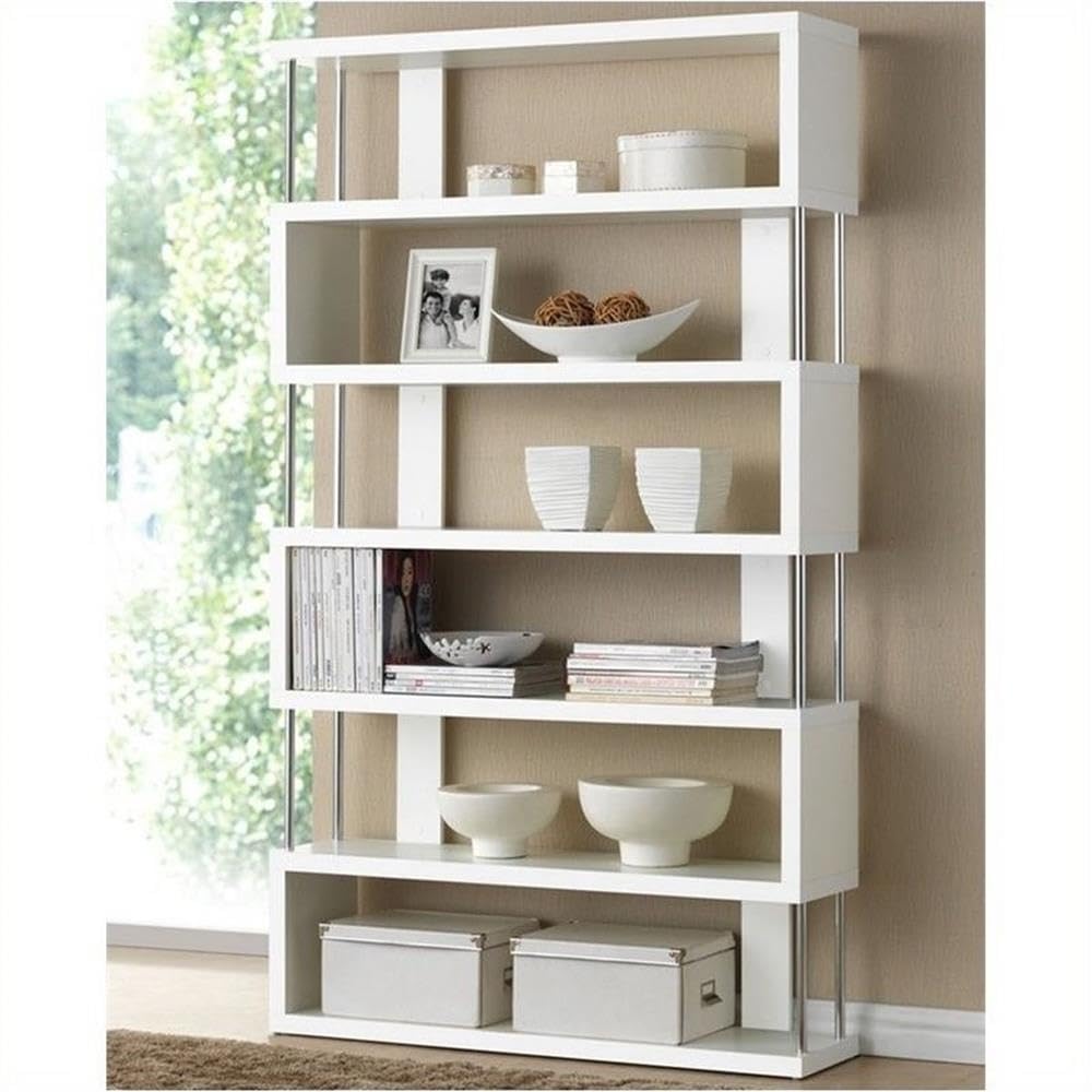 BOWERY HILL 6 Shelf Modern White Wood Bookcase - Stylish Storage for Living Room, Bedroom, Office & Home Decor