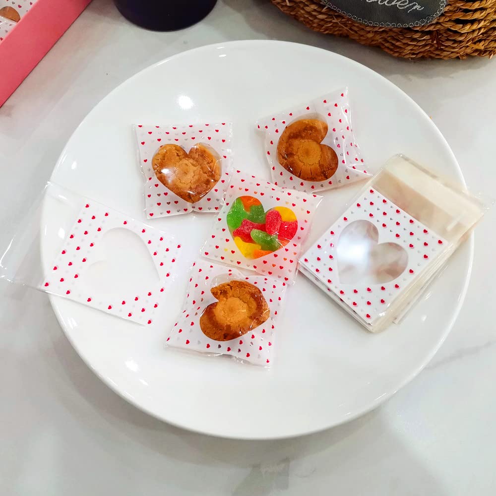FAZHBARY 200 PCS Valentine's Day Heart Shaped Cellophane Bags - Self Sealing Mini Treat Bags for Cookies, Candy, Chocolates - Perfect for Bakery Supplies, Party Favors, Wedding Treats & Gift Packaging