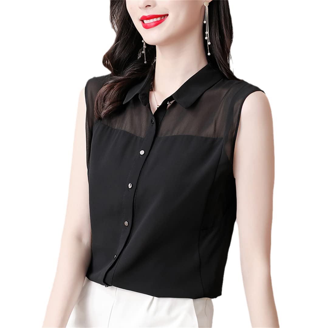 Women's Sleeveless Chiffon Button-Up Shirt - Breathable Mesh See-Through Blouse for Work & Casual Wear - Summer Office Tops in Black XS - Perfect for Business Meetings, Date Nights & Outdoor Events