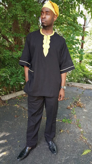Kefi Black and Gold Dashiki with Pants DP2466TP - African Print Outfit for Men & Women | Perfect for Cultural Events, Weddings & Festivals