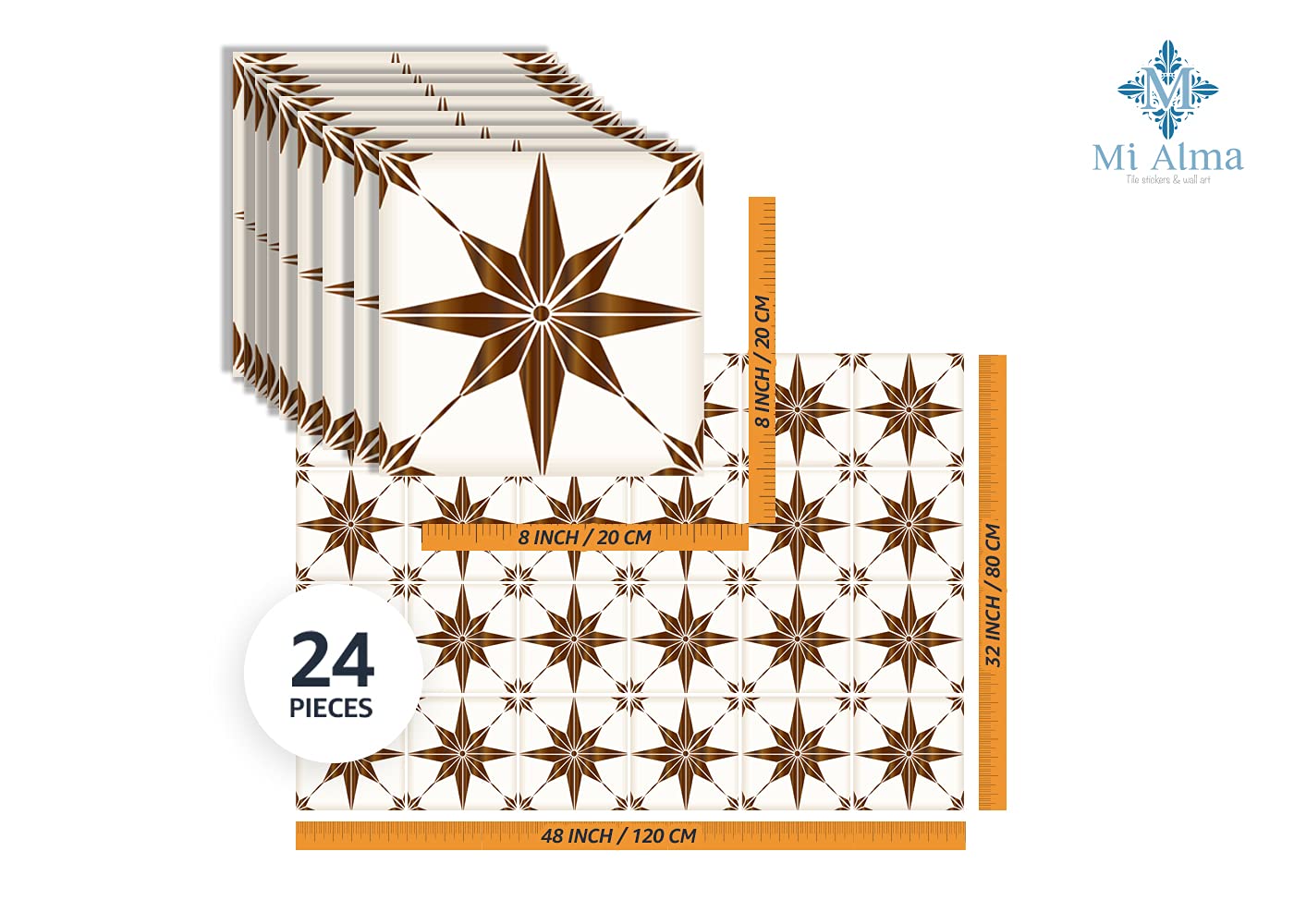 Mi Alma 24-Piece Talavera Tile Stickers – Peel and Stick Wall Decals for Easy DIY Home Decor (Brown Star, 8x8 inch) – Perfect for Bathroom, Kitchen, Backsplash & Spanish-Style Interior Design