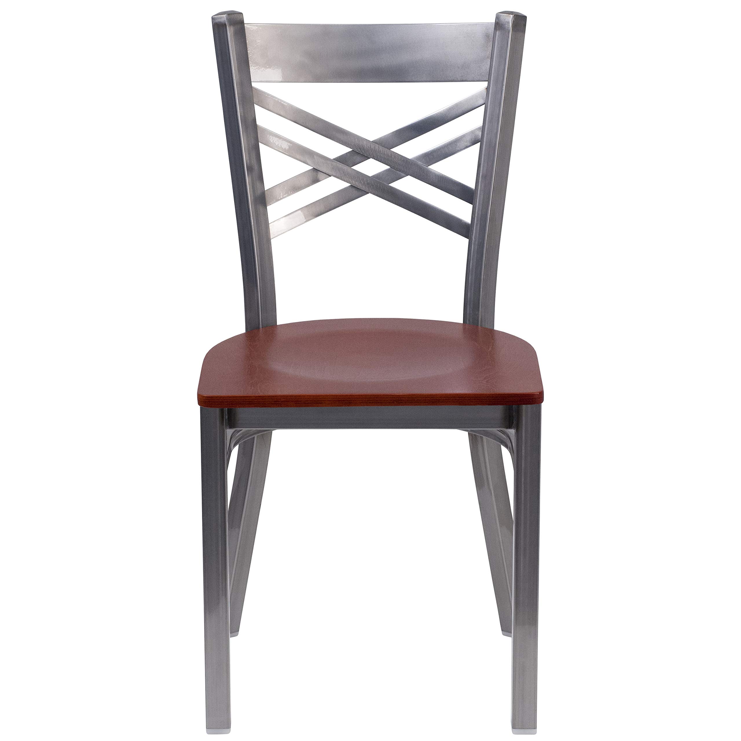 EMMA & OLIVER Clear Coated X-Back Metal Restaurant Chair with Cherry Wood Seat - Durable Commercial Dining Furniture for Cafes, Bistros and Home Kitchens