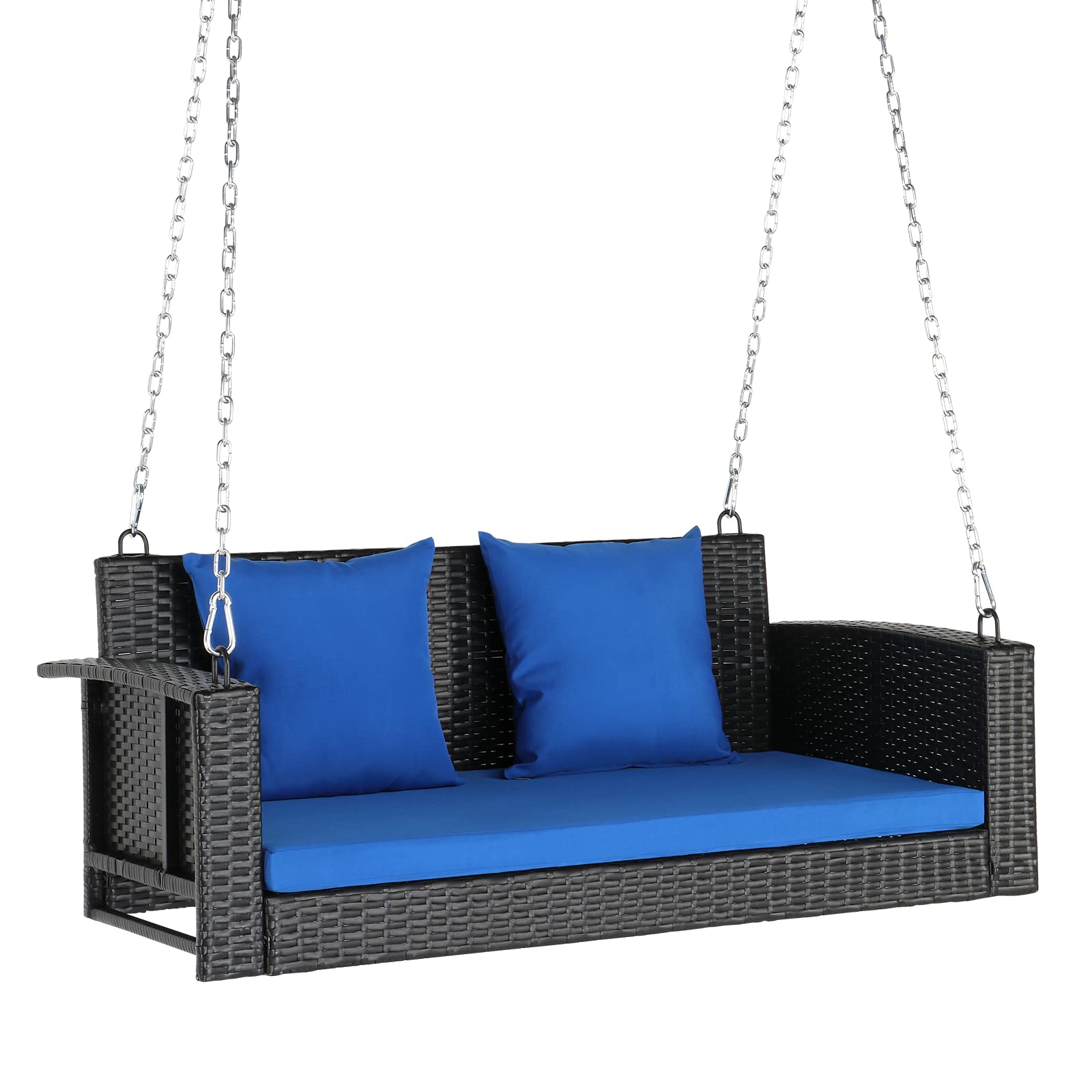 VINGLI 800 LBS Heavy Duty Wicker Hanging Porch Swing with Cushions & Chains - 4FT Outdoor Rattan Swing Bench for Garden, Yard, Lawn, Patio (Black+Blue) - Perfect for Relaxing, Reading & Enjoying Nature