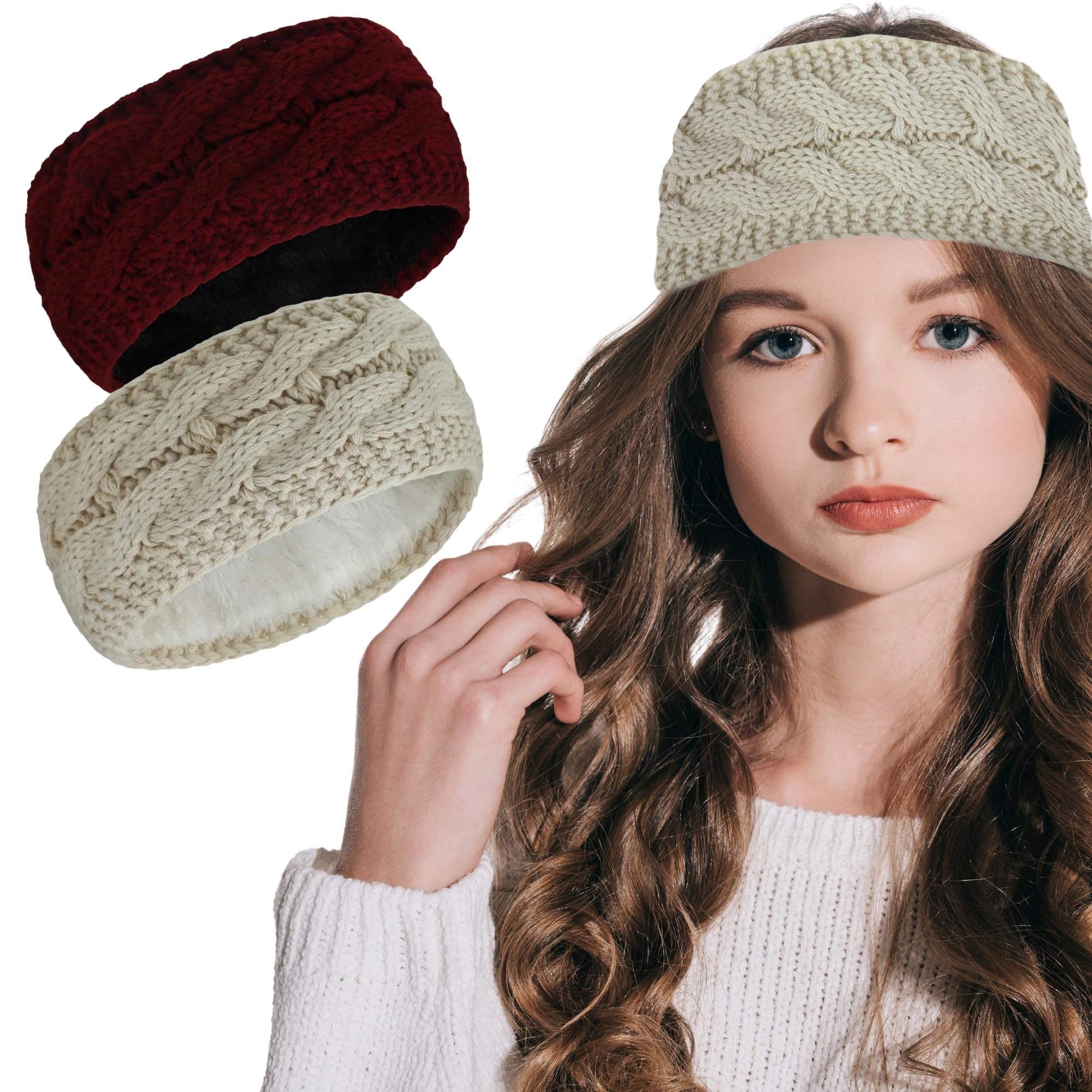 Styla Women's Knit Headbands with Fleece Lining - 2 Pack Warm Winter Ear Muffs Headband Set (Burgundy & Beige) for Outdoor Activities, Running, Skiing & Cold Weather Protection