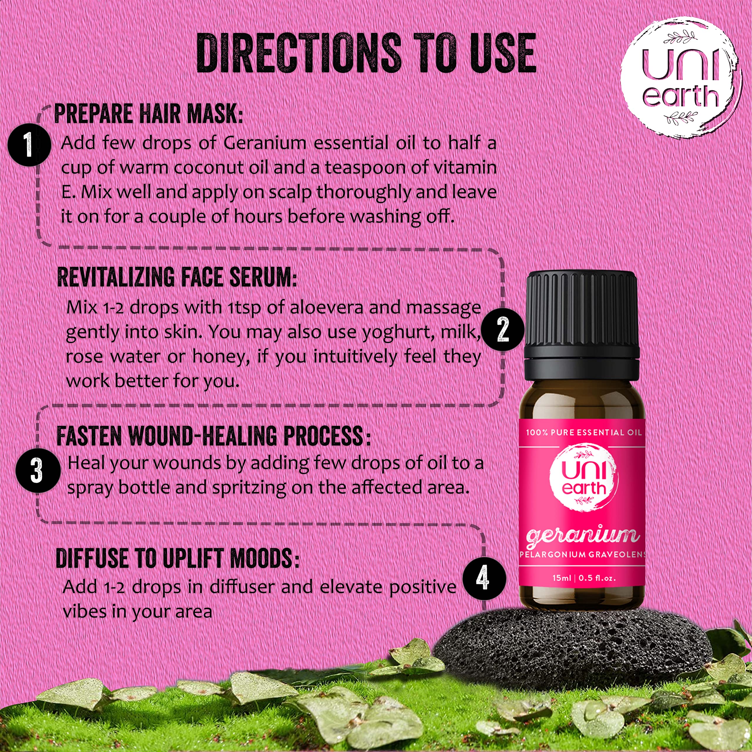 Uniearth 100% Pure Therapeutic Grade Geranium Essential Oil - 15mL for Skin & Hair Care, Reduces Acne & Hair Loss, Fades Age Spots & Scars | Natural Insect Repellent | Perfect for Aromatherapy, Massage & DIY Beauty Products