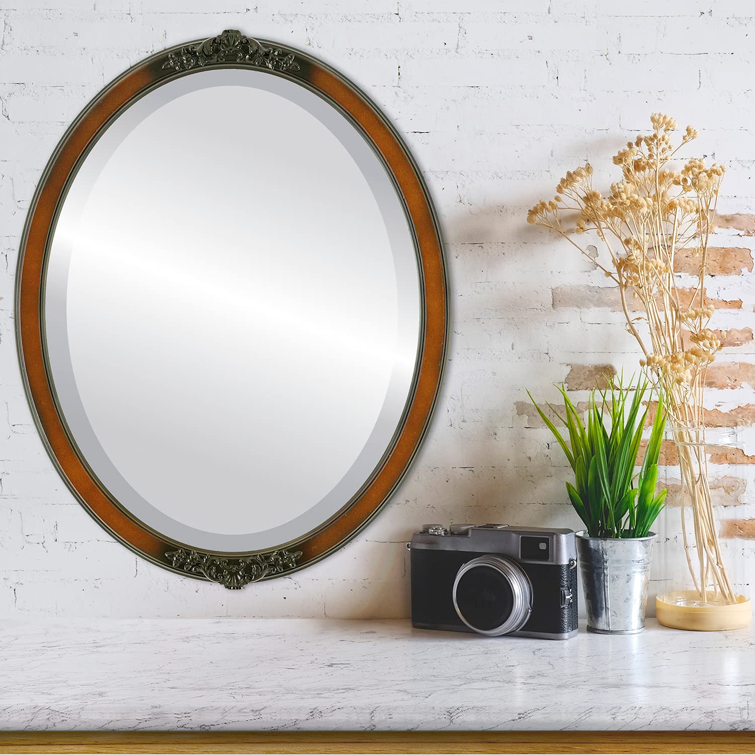 Oval Beveled Wall Mirror - Walnut Finish - 22x26 Inches - Elegant Athena Style Home Decor Mirror for Living Room, Bedroom & Entryway