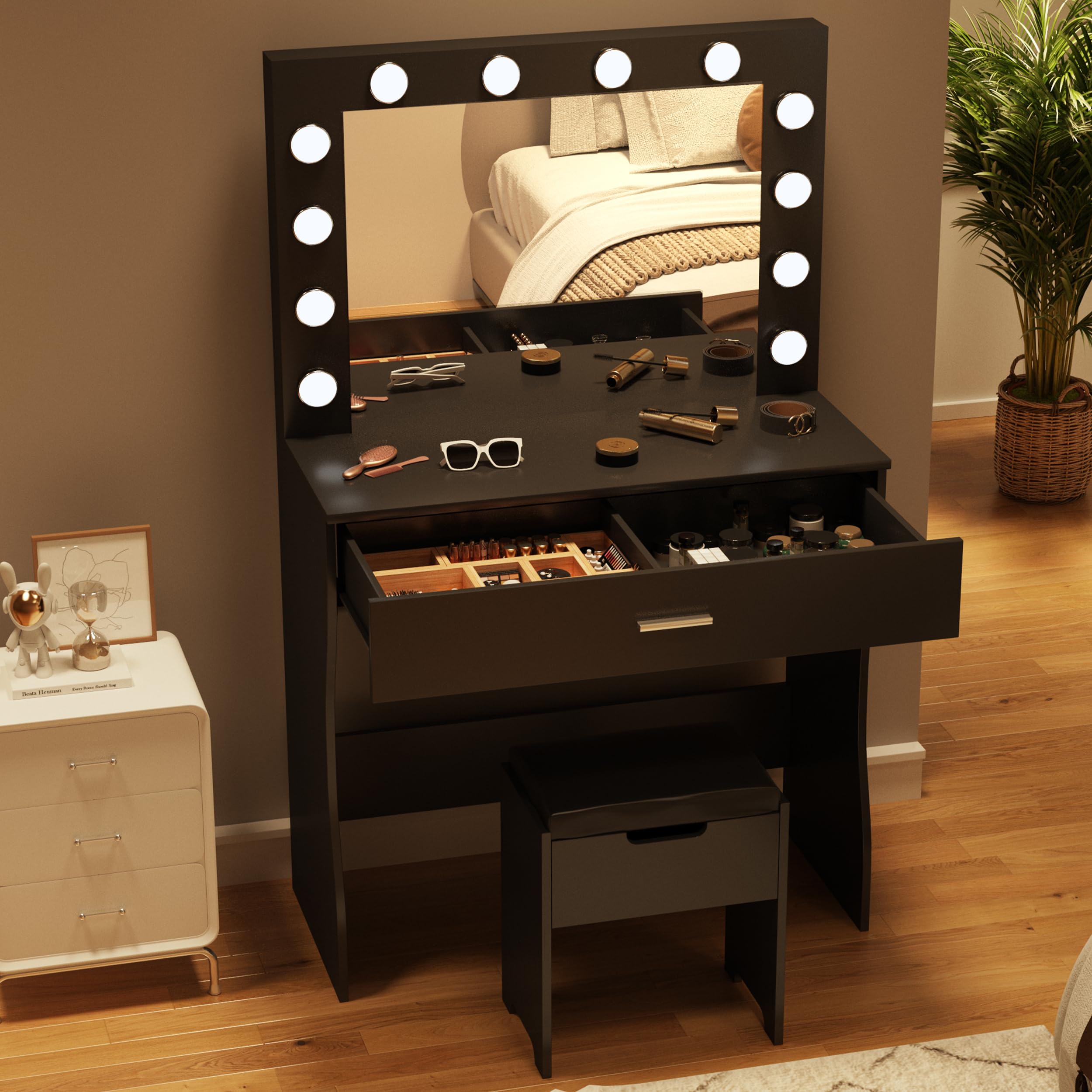 Vanity Desk with Mirror and Lights - Adjustable Brightness Makeup Vanity Table Set with Storage Drawer & Cushioned Chair - Perfect for Bedroom, Dressing Room & Beauty Salon (Black)
