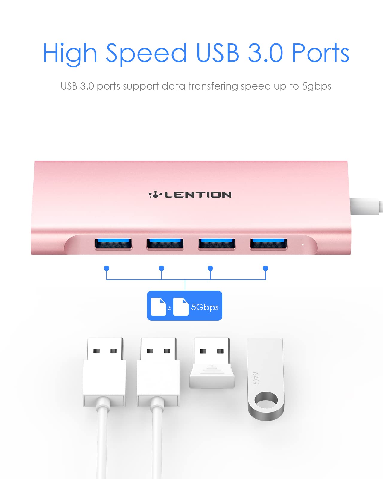 LENTION USB-C Hub 8-in-1 with 4K HDMI, 100W PD Charging, 4 USB 3.0 Ports, SD/TF Card Reader - Compatible with MacBook Pro/Air, Surface, Chromebook, iPhone 15 - Rose Gold | Perfect for Home Office, Travel & Multi-Screen Workstations