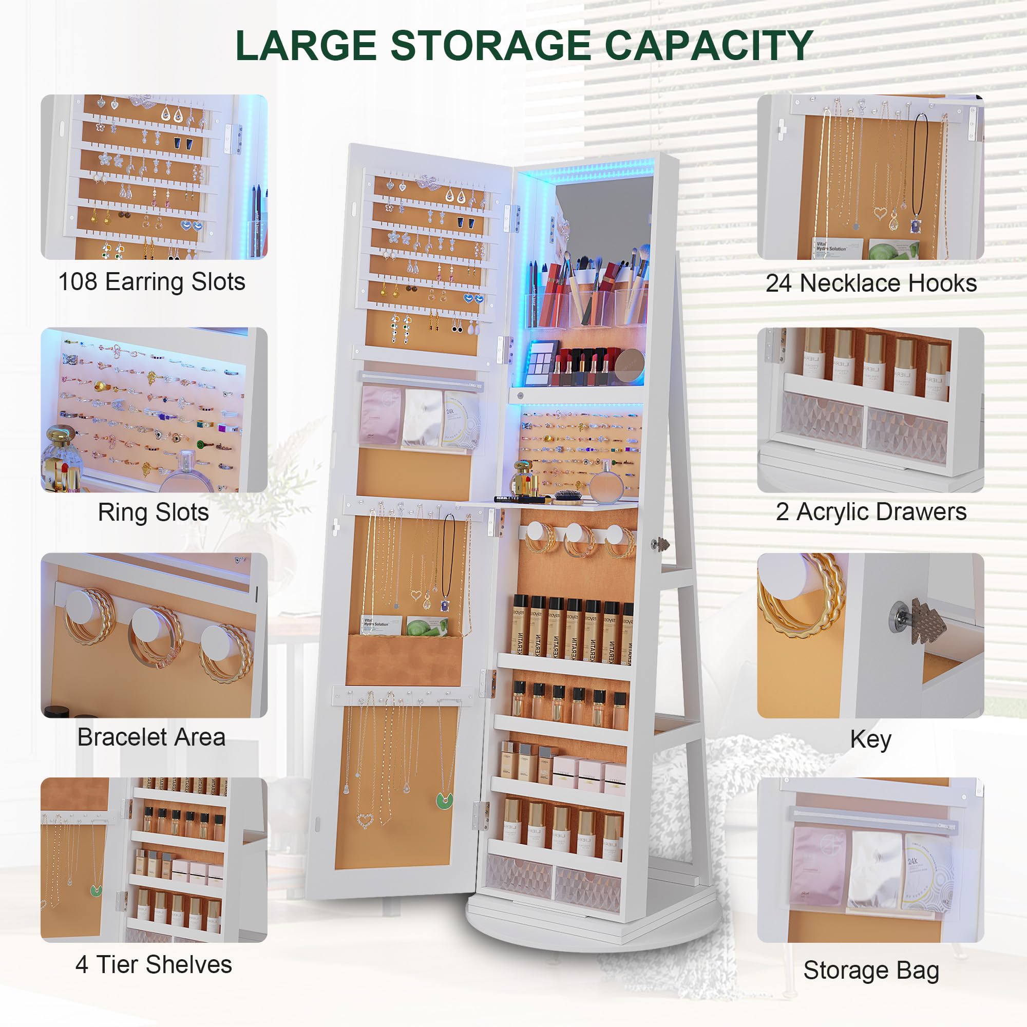 HNEBC 360° Swivel Jewelry Cabinet with LED Lights - Standing Jewelry Armoire Organizer with Full Length Mirror & Lockable Storage - Rotatable Jewelry Mirror for Bedroom, Closet, or Dressing Room (White)