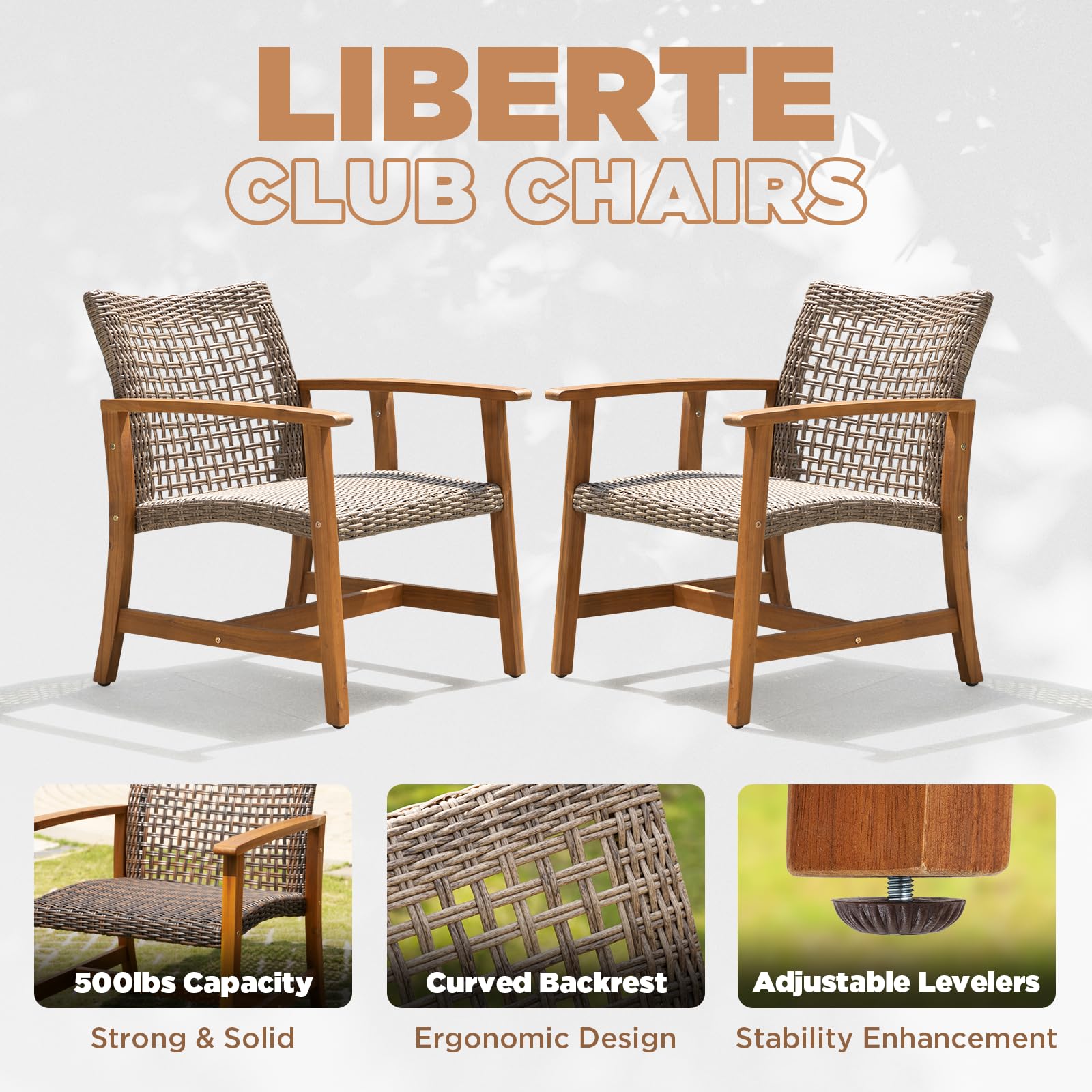 IDZO Liberte 2-Piece Accent Chair Set - 500lbs Weight Capacity, Solid Acacia Wood Frame with FSC-Certified Teak Finish, UV-Resistant Gray Wicker - Perfect for Outdoor Patio, Garden, Poolside & Backyard Relaxation