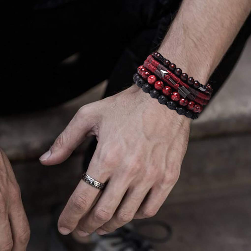 WAINIS Braided Leather Bracelets for Men & Women - Adjustable Wrap Tiger Eye & Lava Rock Beads Bracelet Set - Ethnic Tribal Woven Rope Wristbands for Yoga, Meditation & Boho Fashion Accessories
