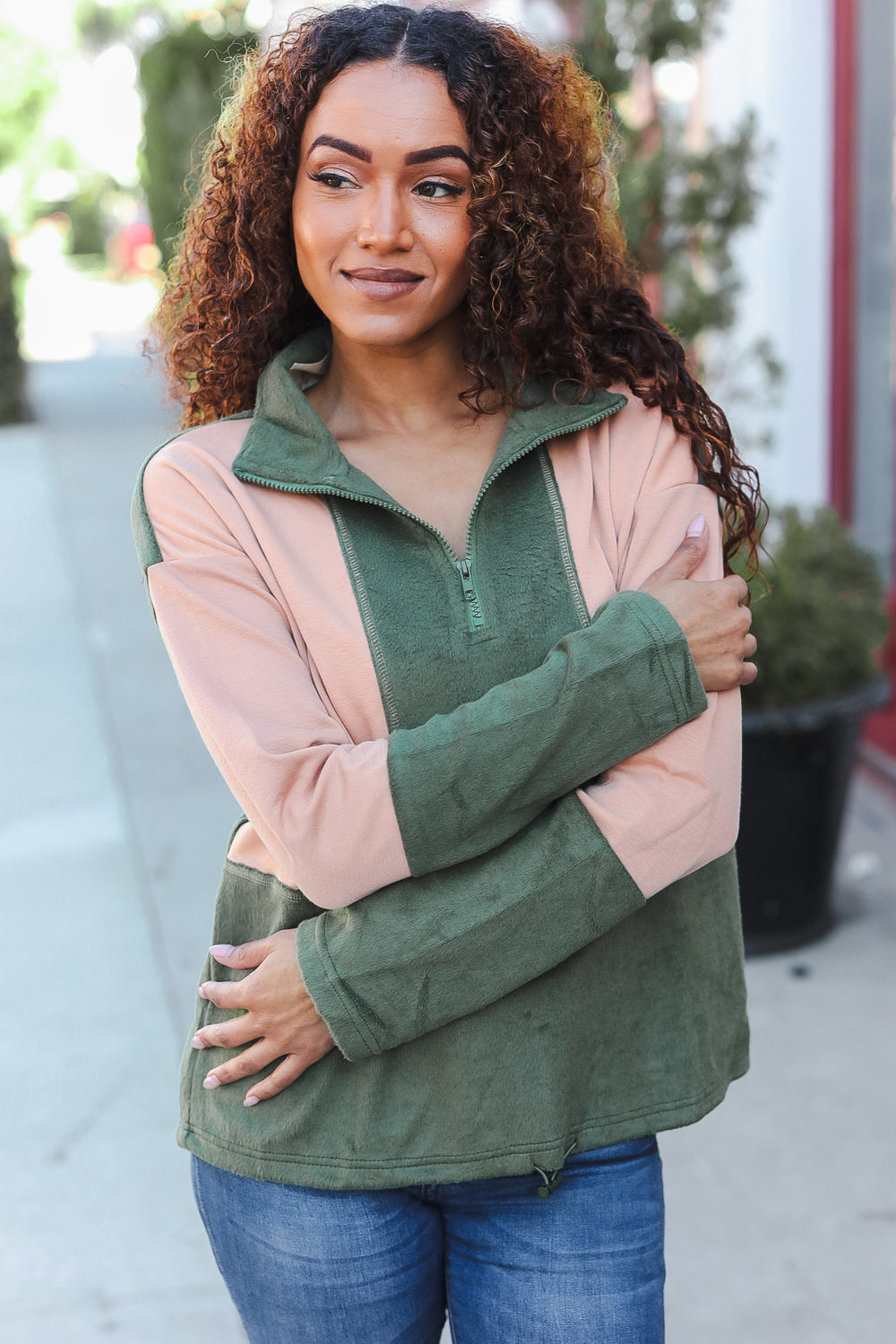 Cozy Holiday Vibes Taupe & Green Fleece Zip-Up Hoodie with Cinched Hem - Perfect for Winter Outfits, Christmas Gifts & Casual Loungewear
