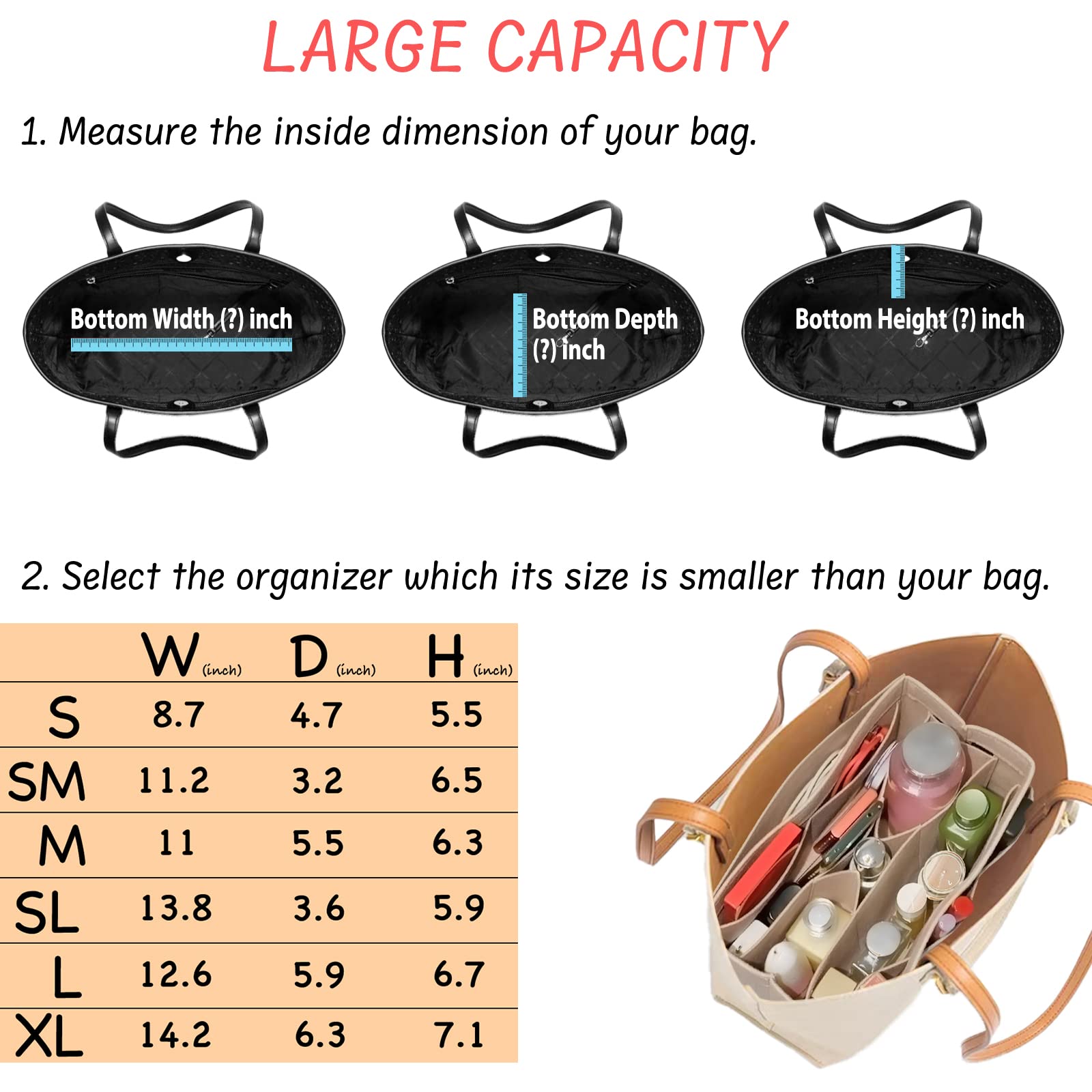 Felt Purse Organizer Insert with 14 Pockets - Small Beige Handbag Organizer for Tote Bags | Perfect for Travel, Work & Everyday Use