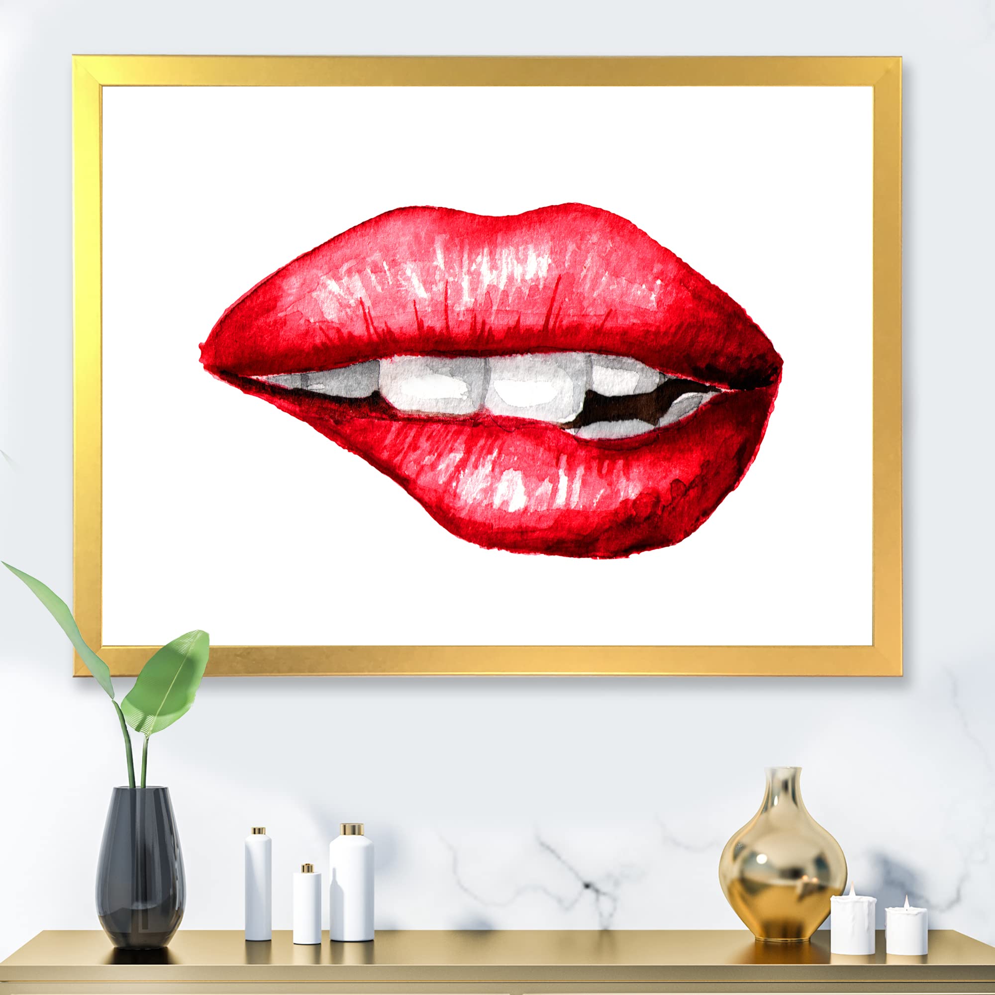 DesignQ Modern Framed Wall Art - Sexy Plump Puffy Woman Lips Biting Painting for Bedroom & Living Room Decor