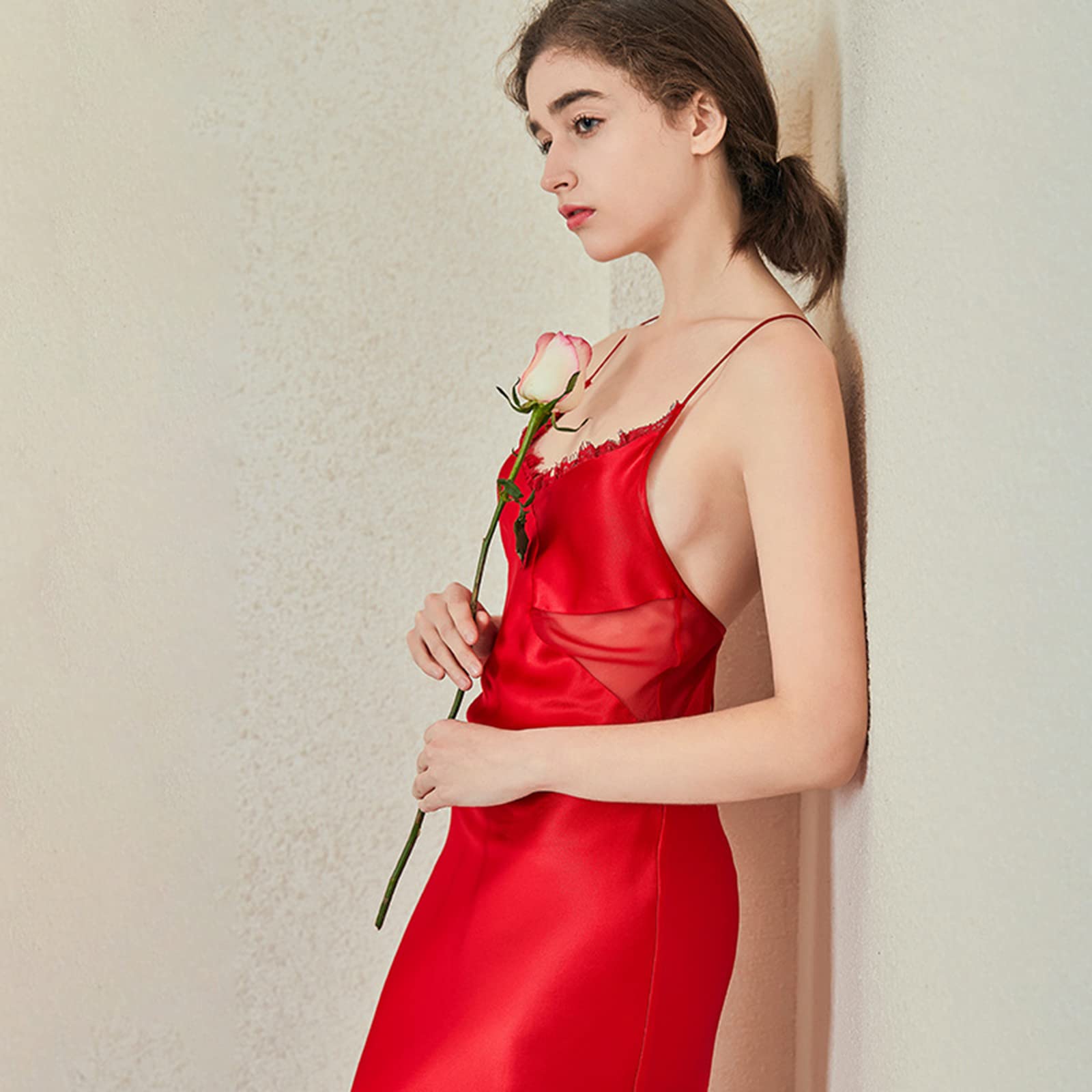 Women's Satin Nightgown - Silk Lace V-Neck Sleepwear Slip Dress - Sexy Bridal Nightie & Negligee for Ladies (Red, XL) - Perfect for Romantic Evenings & Comfortable Sleep