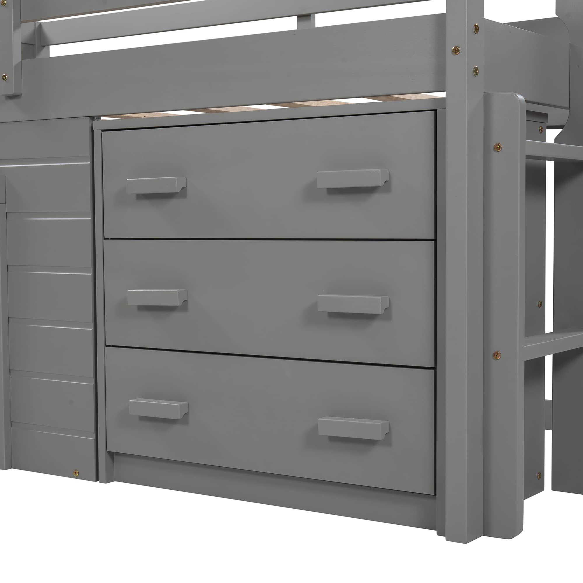 Harper & Bright Designs Low Loft Bed with Storage Drawers & Cabinet - Twin Size Wooden Loft Bed for Kids with Bedside Tray - Space-Saving Furniture for Small Bedrooms (Grey) - Perfect for Kids' Rooms, Dorms & Small Spaces