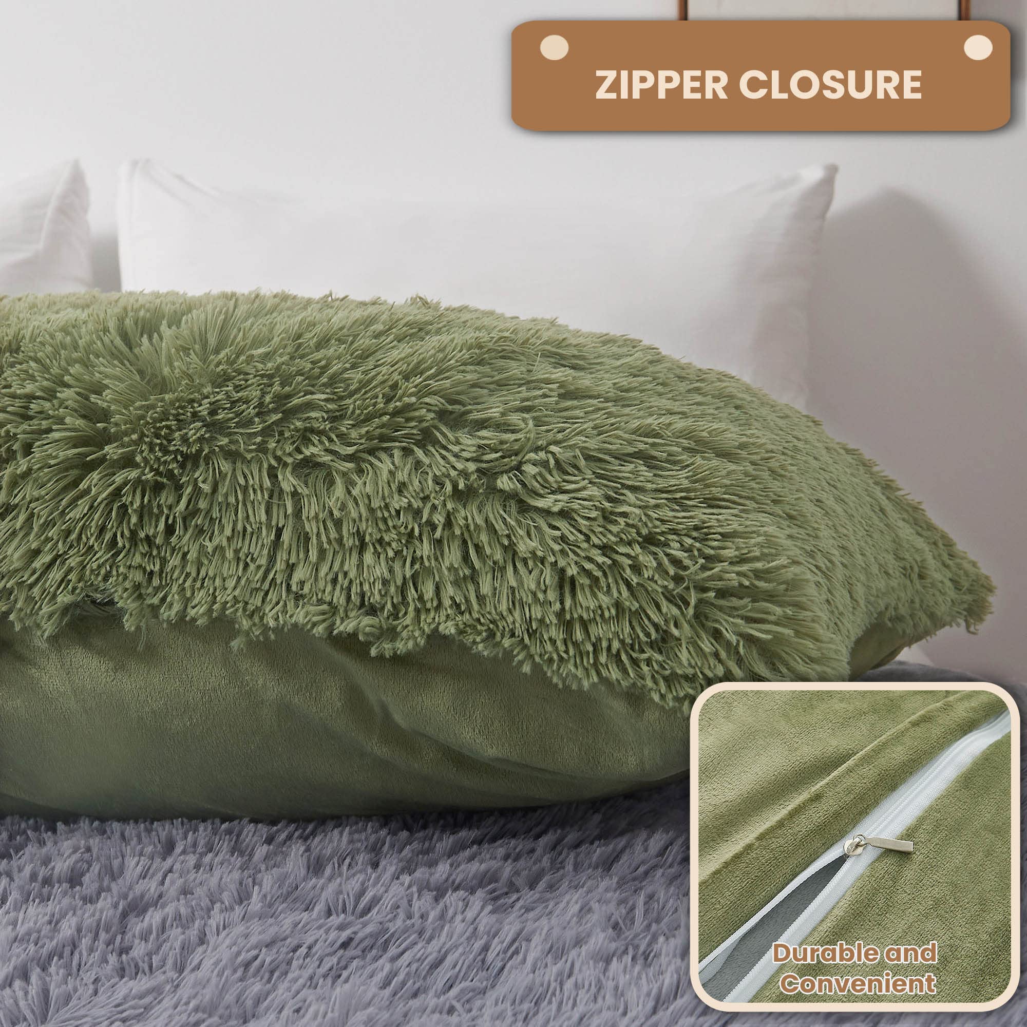 **MEGO Fluffy Body Pillow Cover 20x54 Inches - Soft Shaggy Faux Fur Pillow Case, Sage Green Plush Fuzzy Bed Pillow Cover with Zipper for Adults & Side Sleepers - Perfect for Lounging, Reading & Relaxing in Bed**